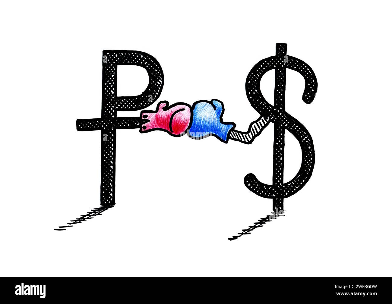 Hand drawn pen sketch of the Russian rouble sign boxing with the US dollar symbol. Business metaphor for parity, exchange value, forex, trade balance, Stock Photo