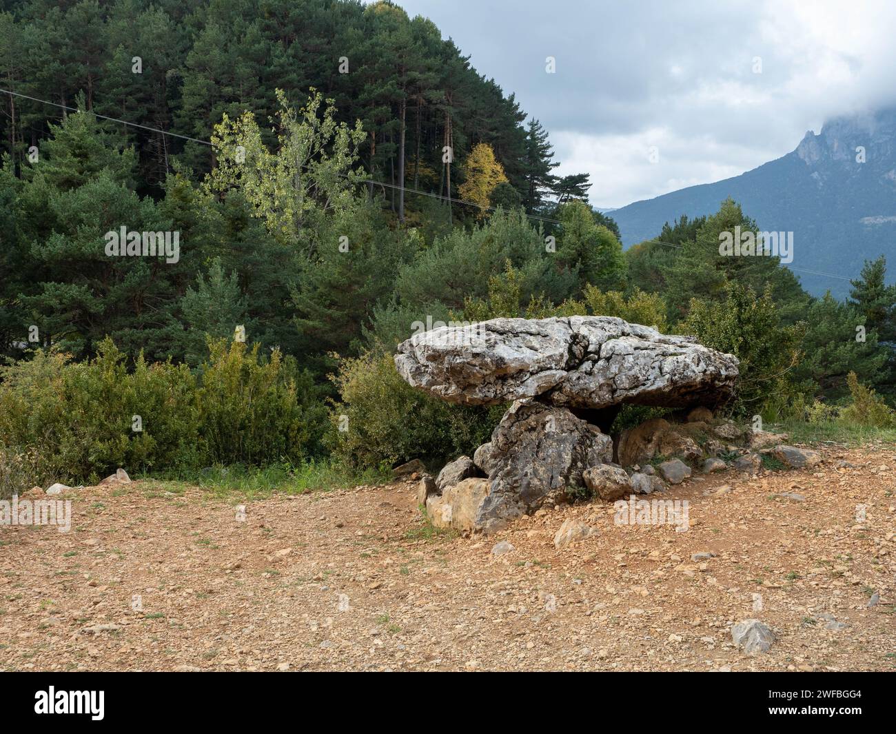 Dolmen in Tella. Huesca. Aragon. Spain. Europe. Beautiful views of the mountains of the region of Sobrarbe, Huesca Aragon, Spain. Tella dolmen Stock Photo