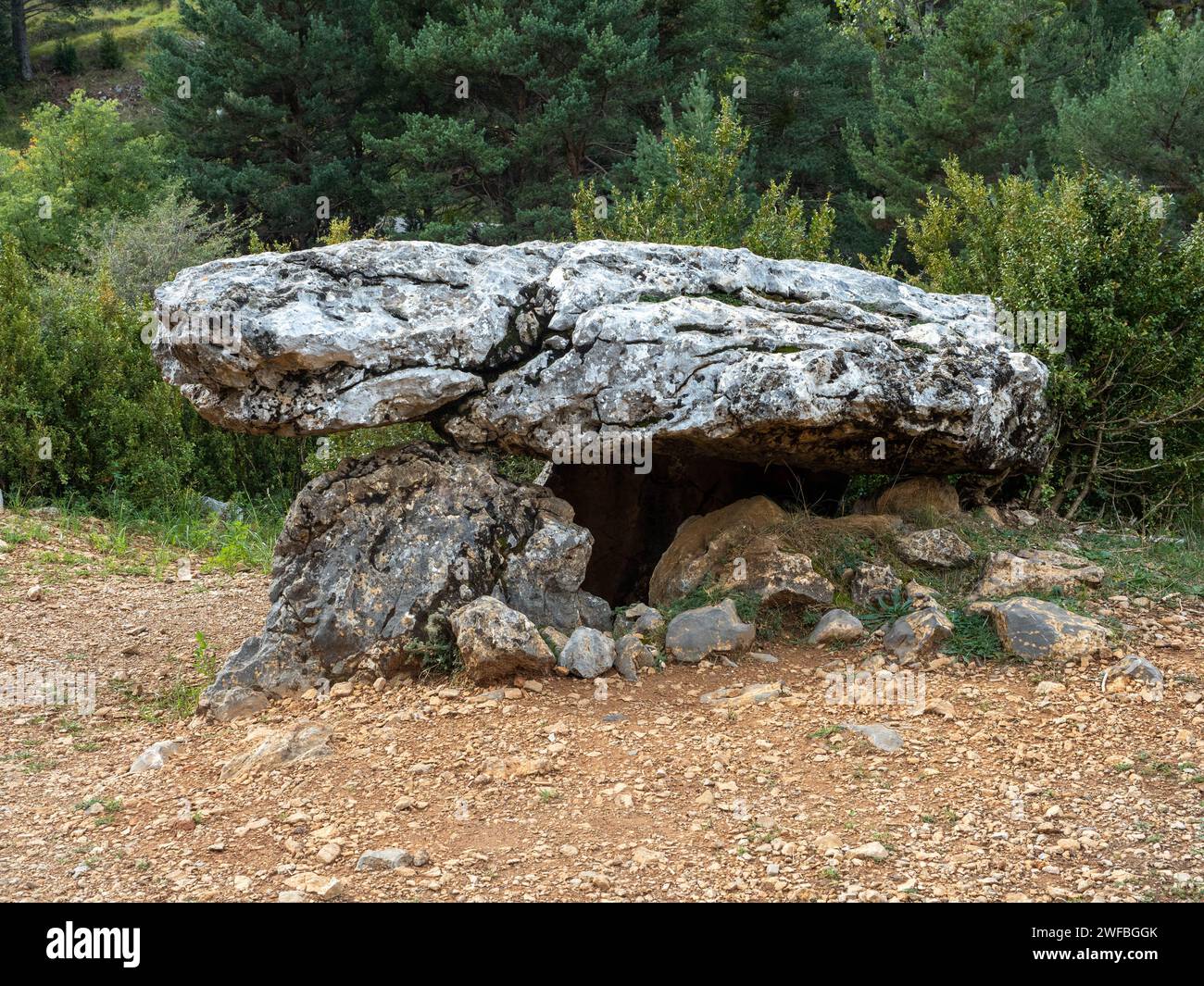 Dolmen in Tella. Huesca. Aragon. Spain. Europe. Beautiful views of the mountains of the region of Sobrarbe, Huesca Aragon, Spain. Tella dolmen Stock Photo