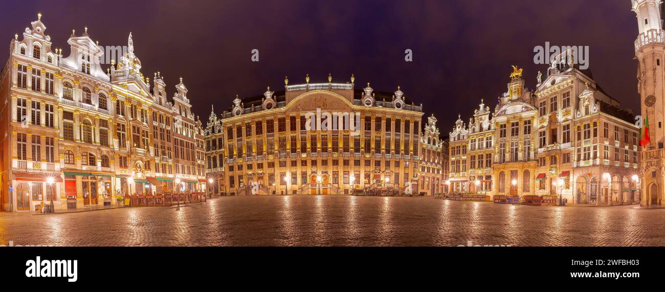 Beautiful houses of the Grand Place Square at night in Brussels, Belgium Stock Photo
