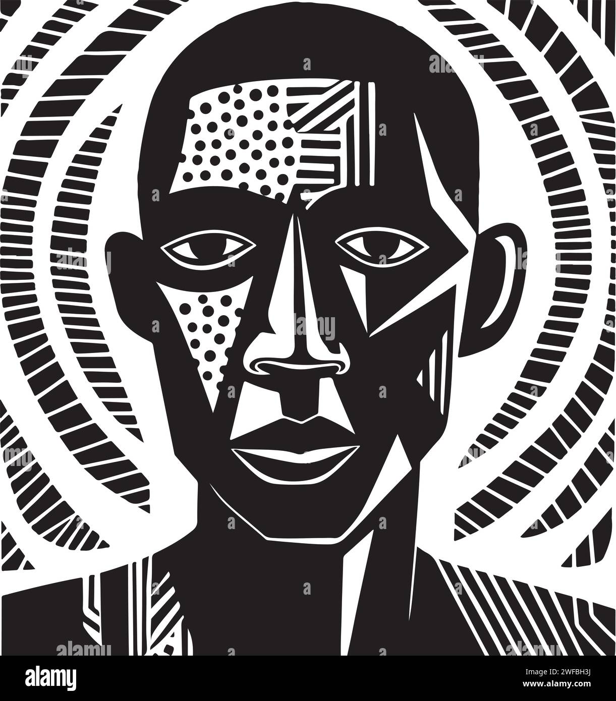 Abstract art vector outline illustration of african man face. Black and white coloring page of human face portrait. Modern print, poster image. Stock Vector