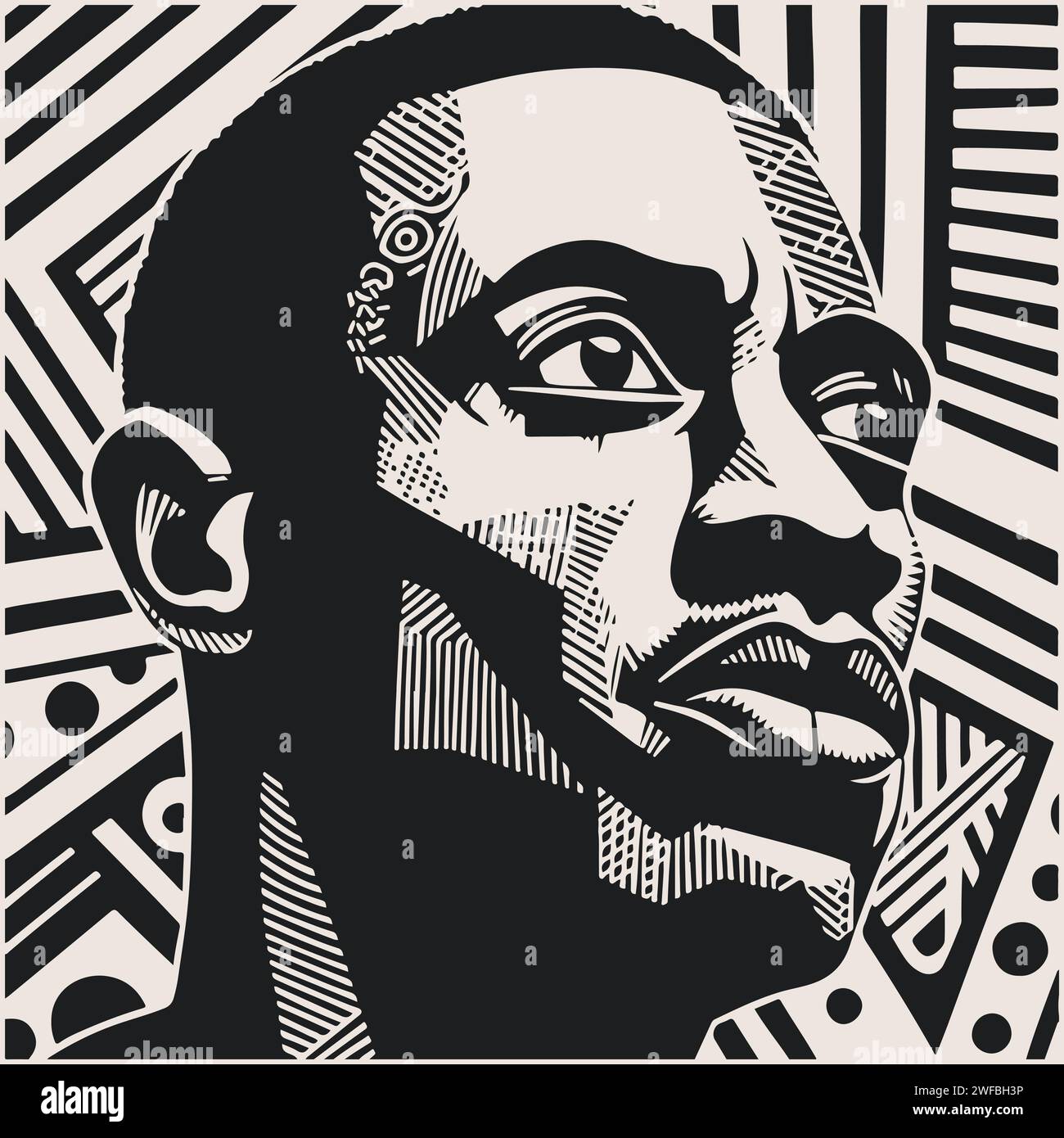 Abstract art vector outline illustration of african man face. Black and
