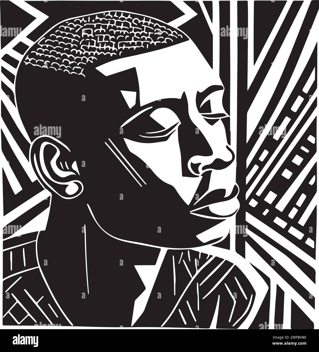 Abstract art vector outline illustration of african man face. Black and white coloring page of human face portrait. Modern print, poster image. Stock Vector