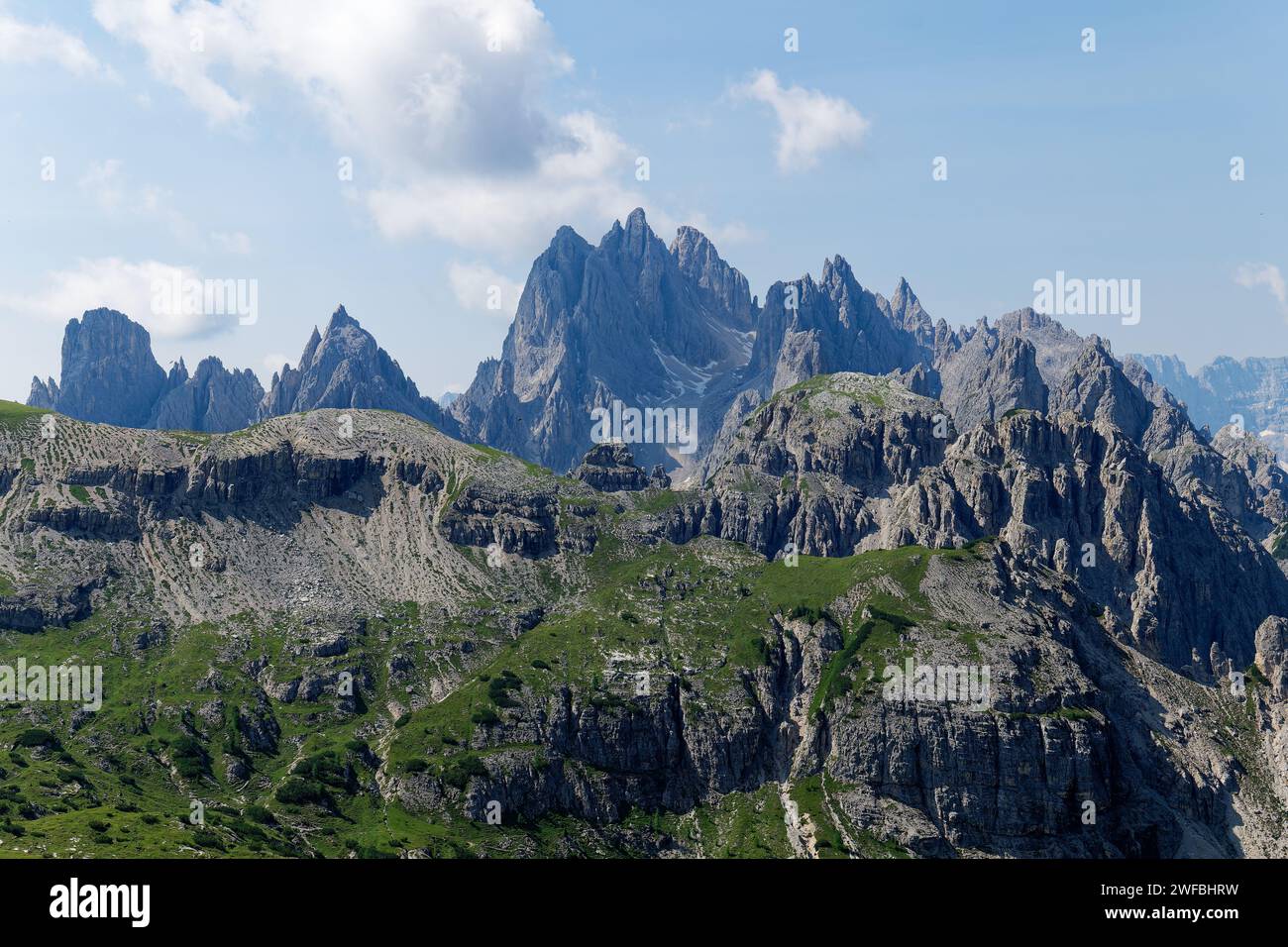 View of Cadini di Misurina mountains in Dolomites, Italy. Stock Photo