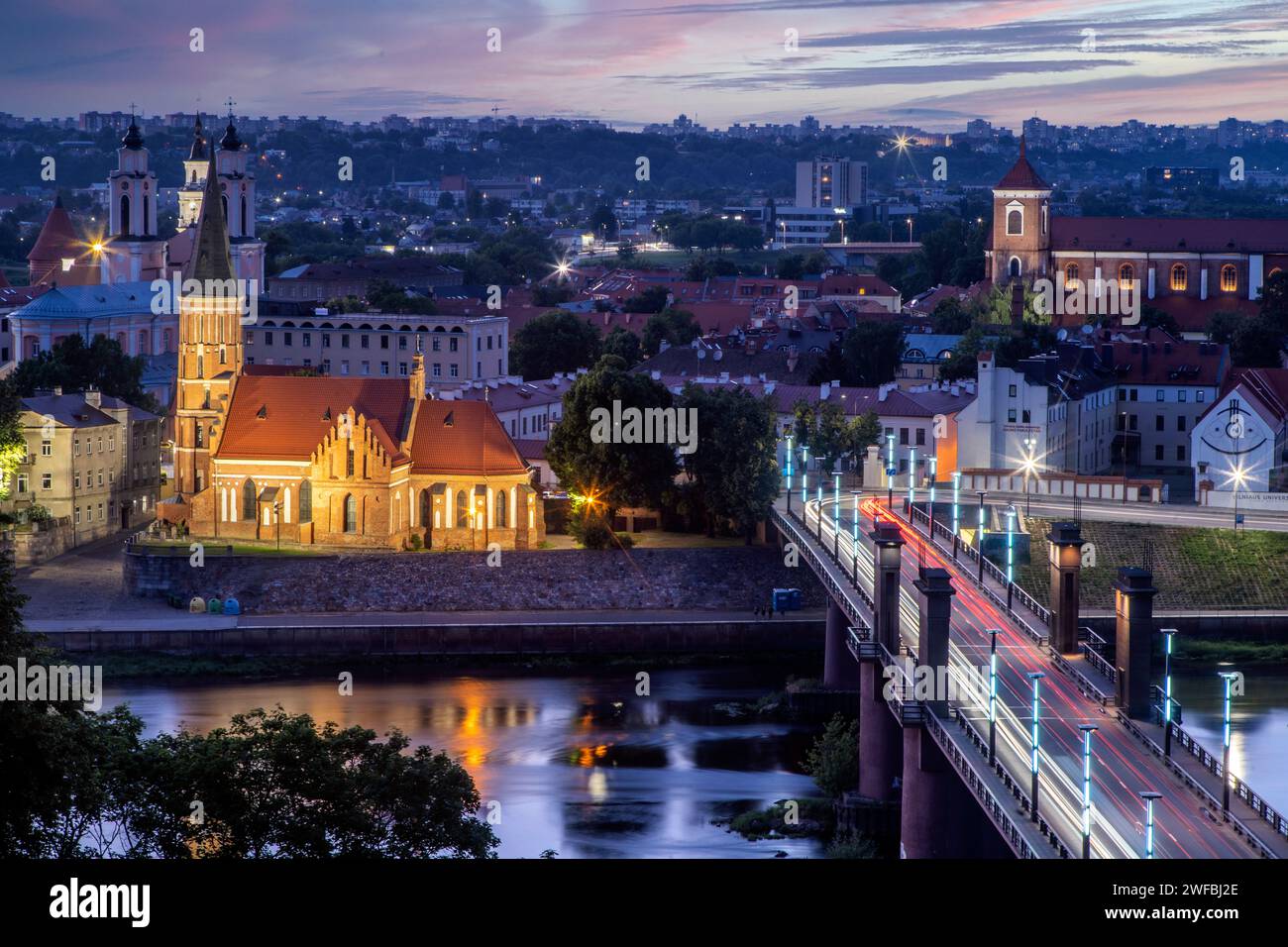 Kaunas, Lithuania: panorama by nigh from  Aleksotas Observation Deck Stock Photo