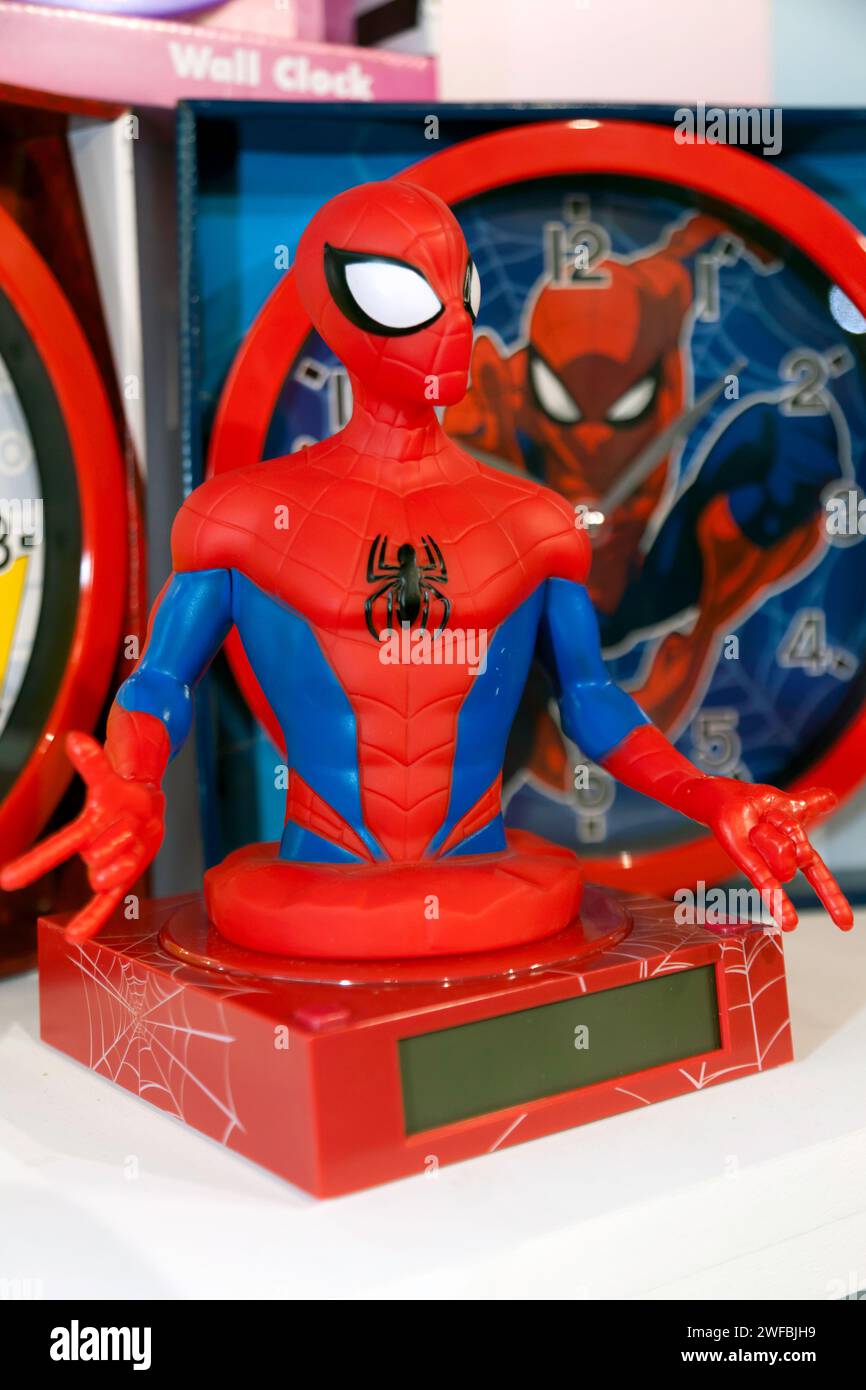 Closeup of a Spiderman Statue and Clock, on display at the 2024 Toy