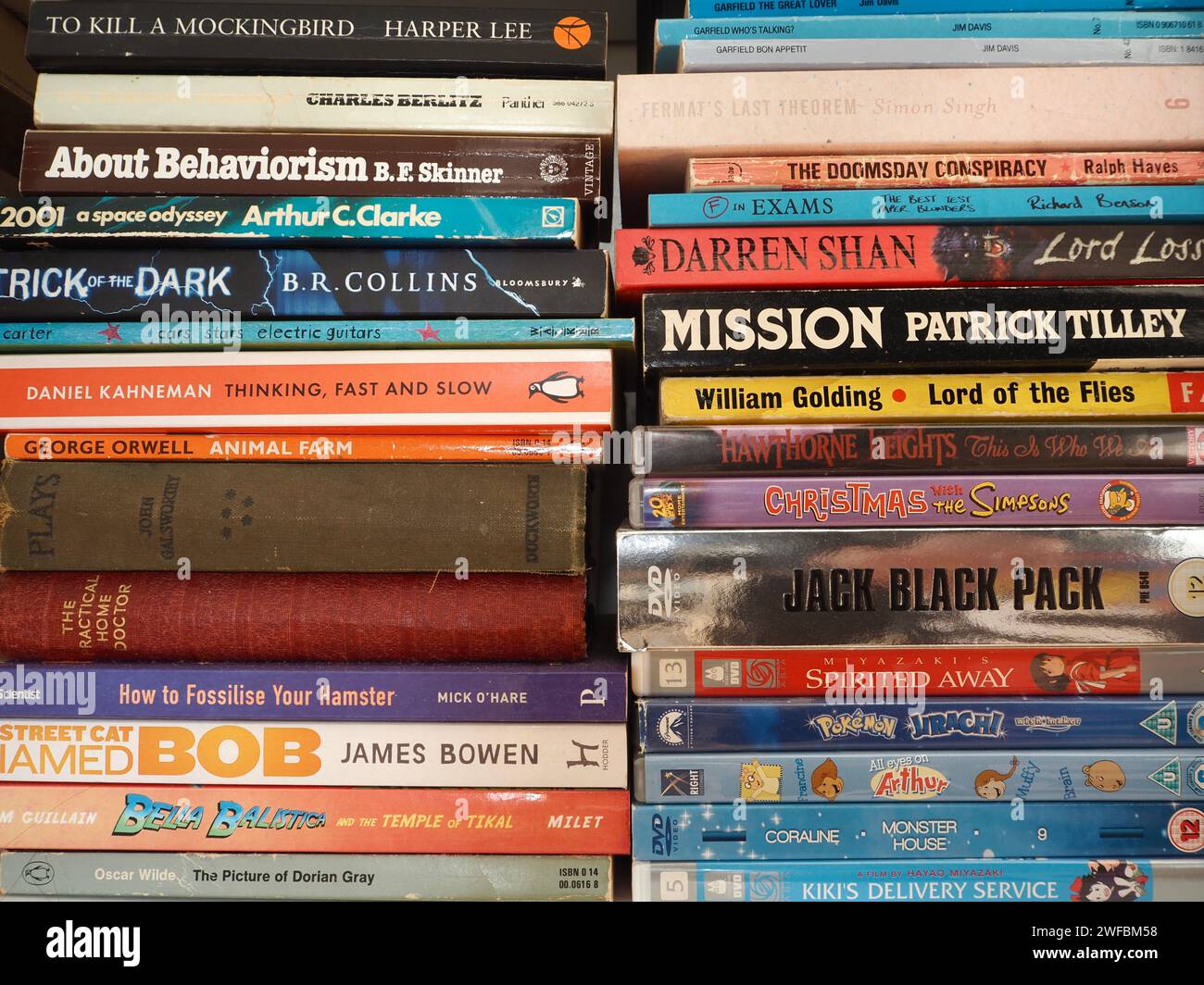 Pile of books stacked horizontally on bookshelf', including classic and