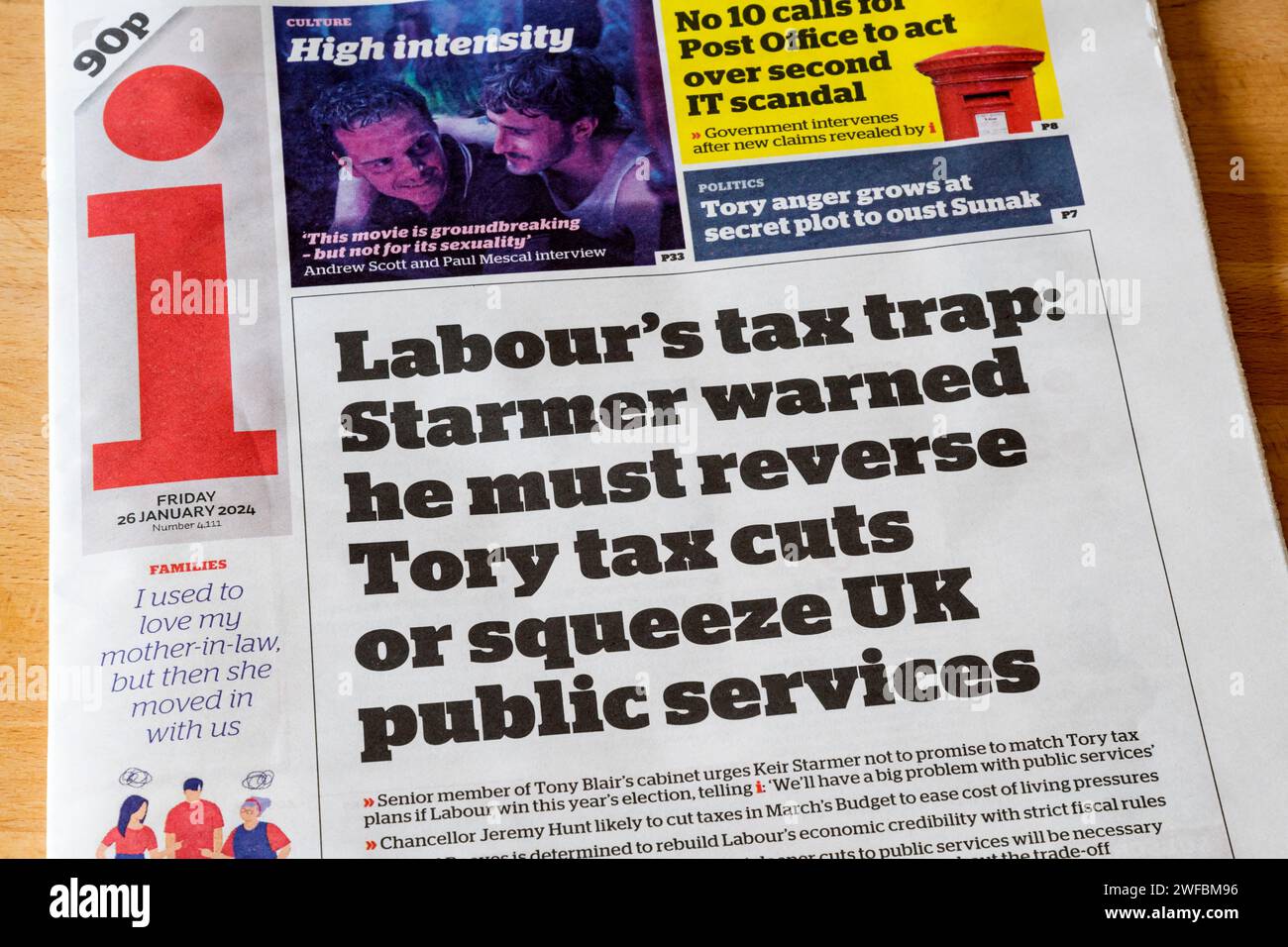 26 January 2024. Headline in i reads Labour's tax trap: Starmer warned he must reverse Tory tax cuts or squeeze UK public services. Stock Photo