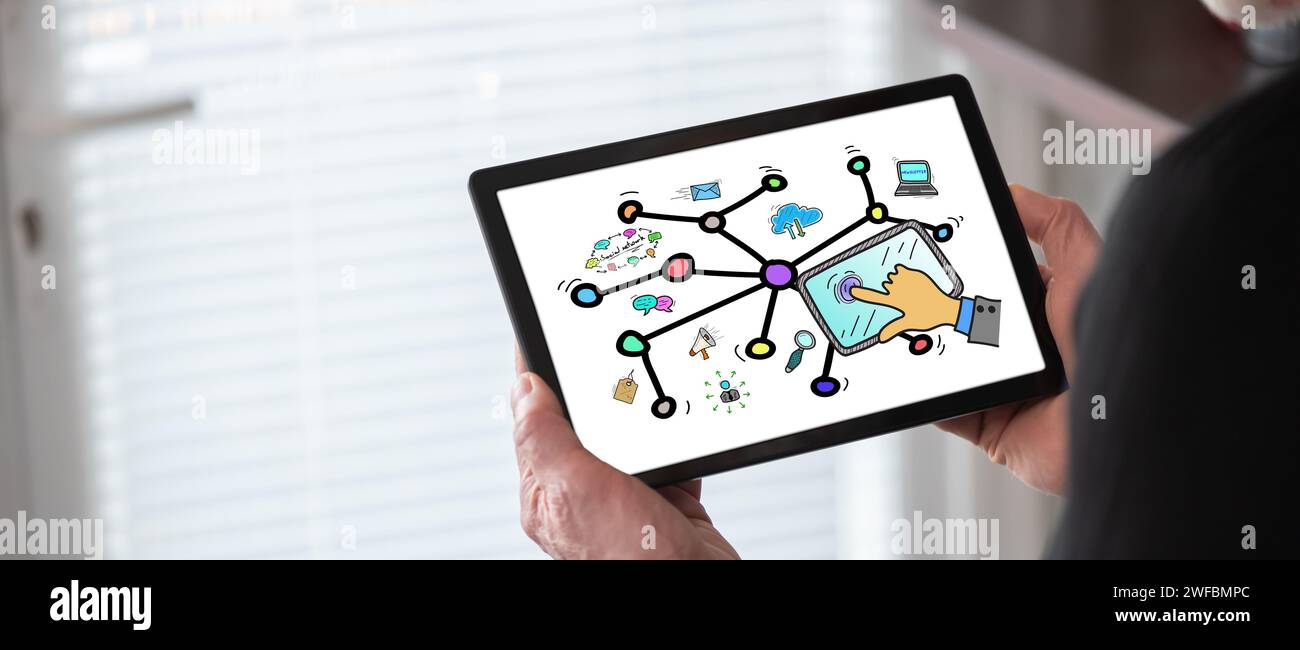 Social network concept shown on a tablet held by a man Stock Photo
