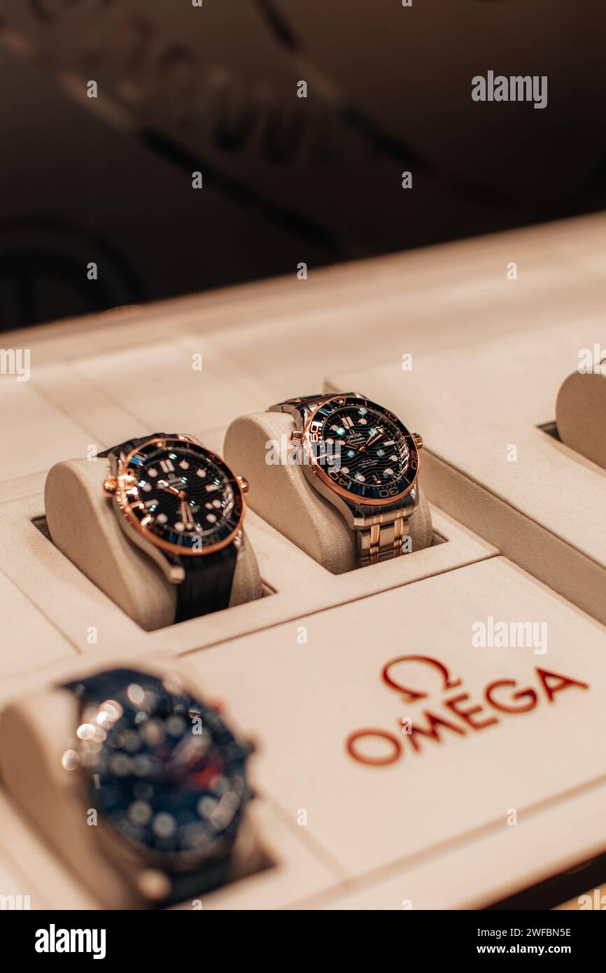 Collection of luxury Omega watches, famous brand shop window display in ...