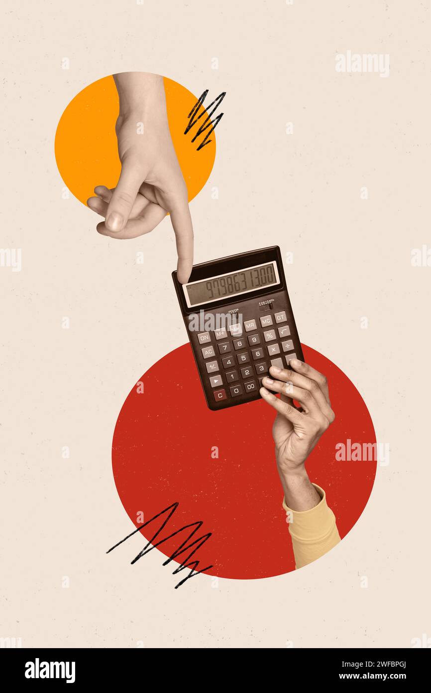 Creative vertical collage human hand give calculator accountant expert ...