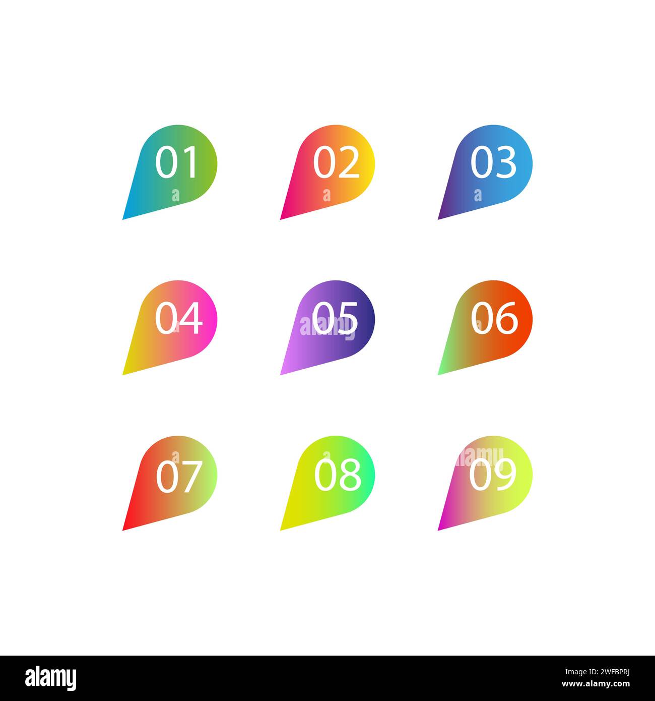 Colored drops of numbers. Gradient color. Number bullet point set. Vector illustration. EPS 10. Stock Vector