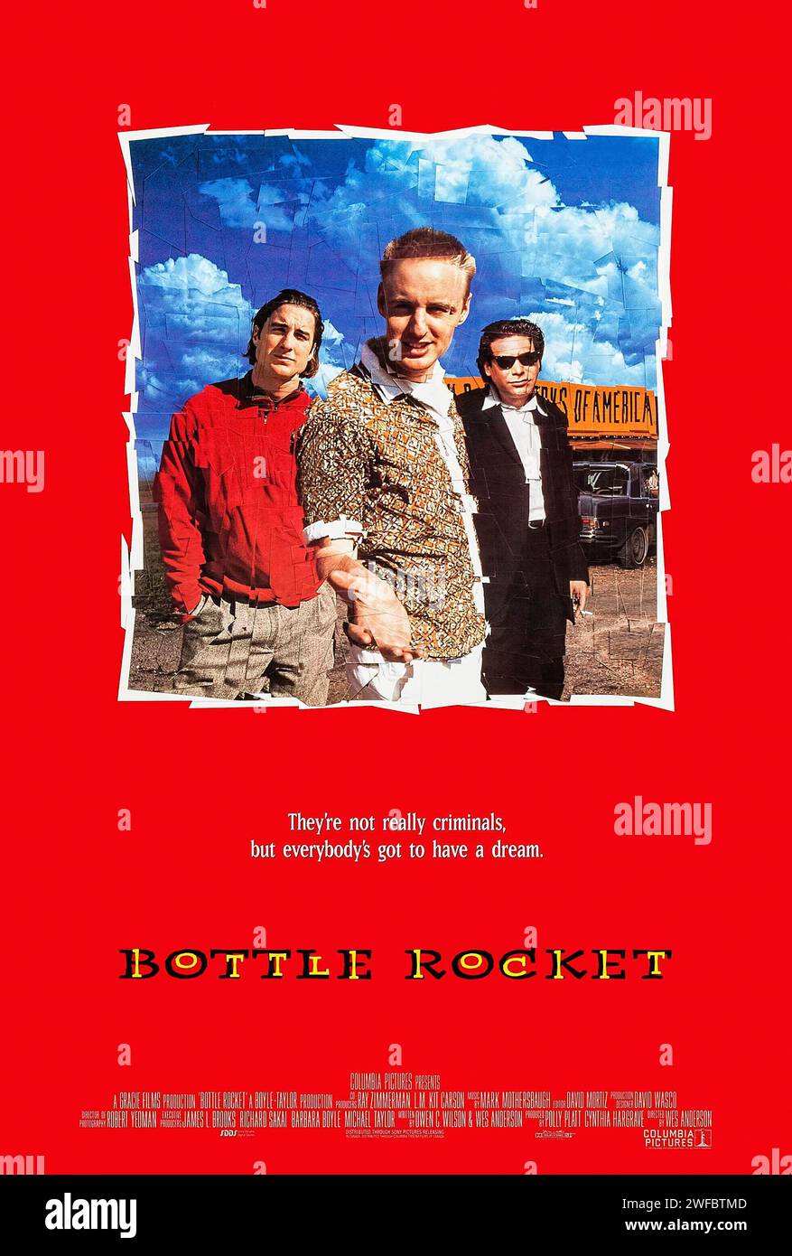 Bottle Rocket (1996) directed by Wes Anderson and starring Luke Wilson, Owen Wilson and Ned Dowd. Three friends plan to pull off a simple robbery and go on the run. Photograph of an original 1996 US one sheet poster. ***EDITORIAL USE ONLY*** Credit: BFA / Buena Vista Pictures Stock Photo