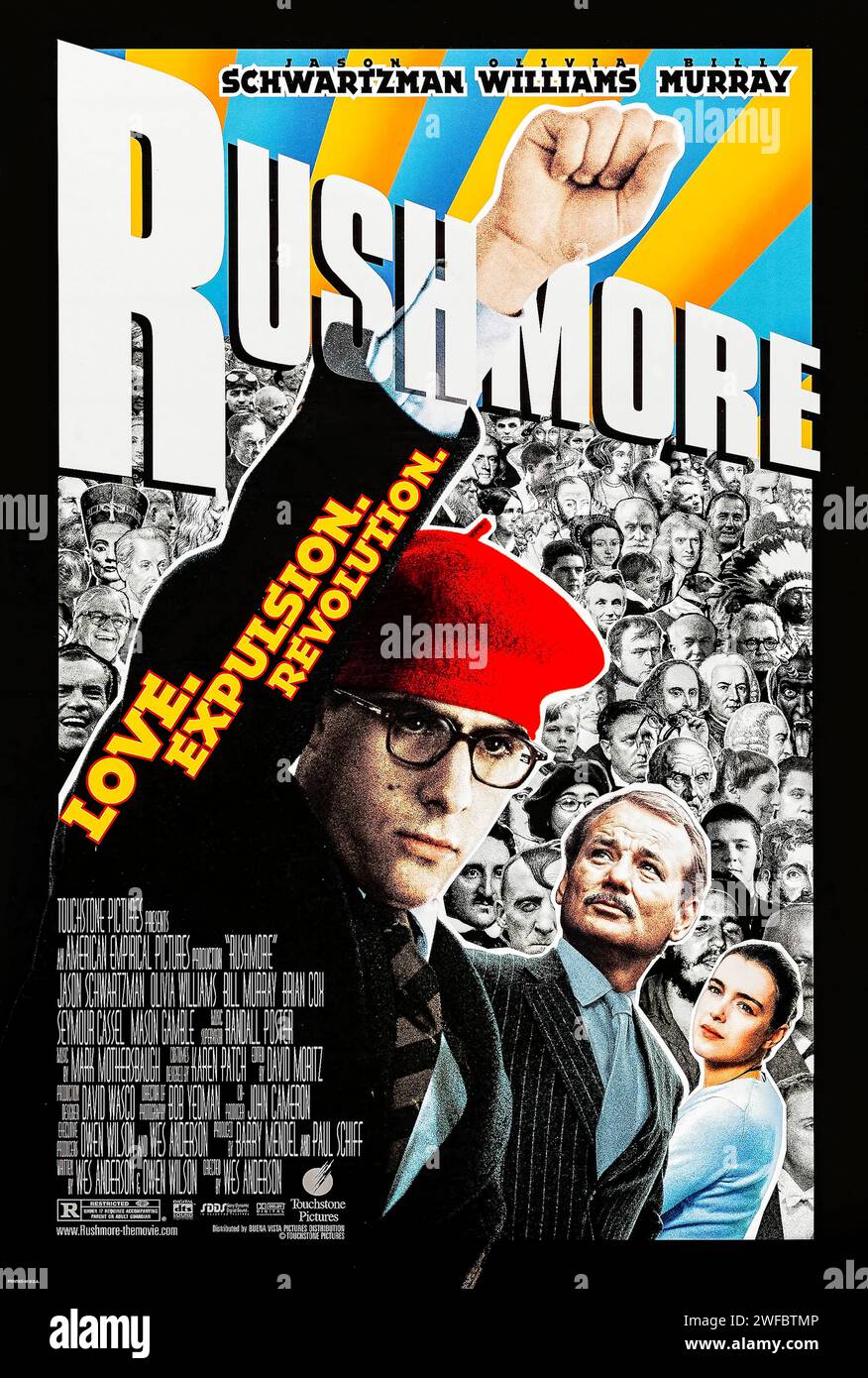 Rushmore (1998) directed by Wes Anderson and starring Jason Schwartzman, Bill Murray and Olivia Williams. A teenager at Rushmore Academy falls for a much older teacher and befriends a middle-aged industrialist. Later, he finds out that his love interest and his friend are having an affair, which prompts him to begin a vendetta. Photograph of an original 1998 US one sheet poster. ***EDITORIAL USE ONLY*** Credit: BFA / Buena Vista Pictures Stock Photo