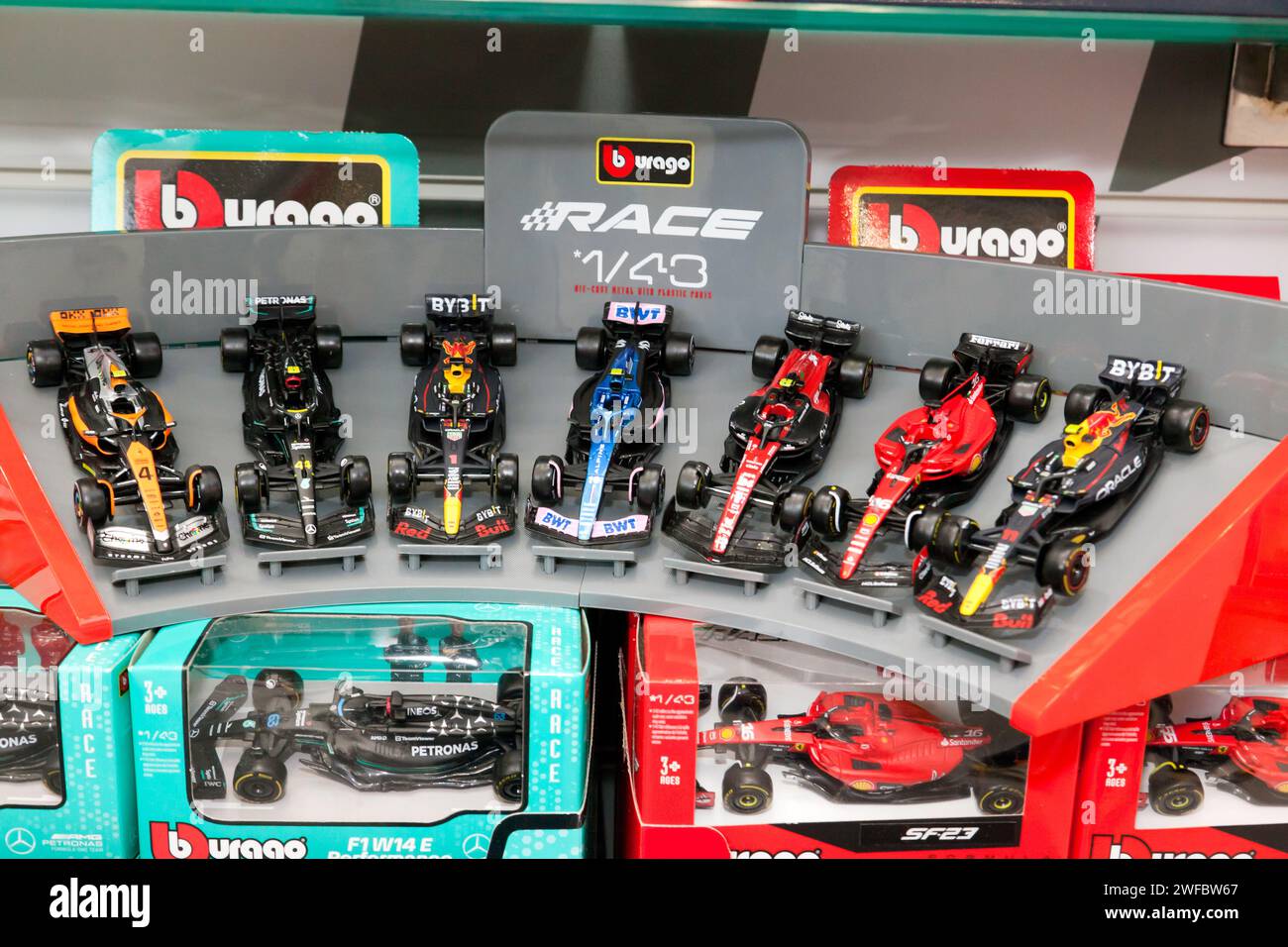 Closeup of the Burago Stand, showing their range of 2024, Formula One
