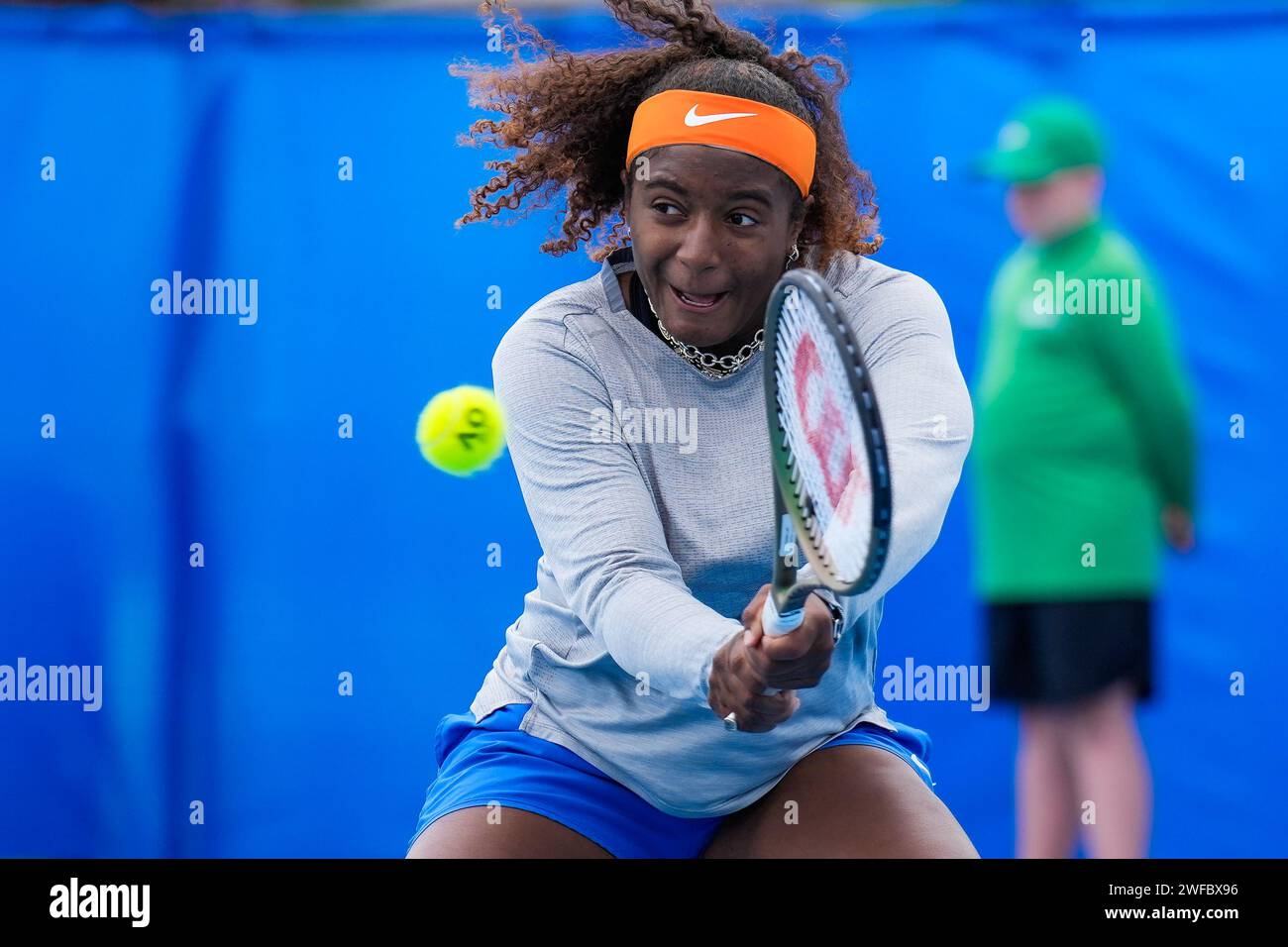 Hailey Baptiste of the USA in action during the semi-finals of the 2023 ITF Women’s World Tennis Tour W60 event in Canberra, Australia Stock Photo