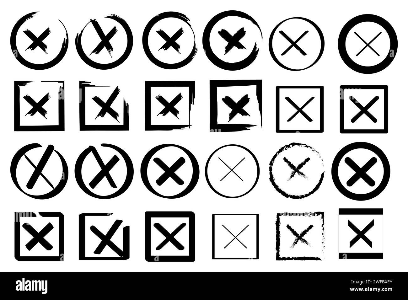 Set of black crosses on white background for web design. Line stroke. Checkbox icon. Vector illustration. Stock image. EPS 10. Stock Vector