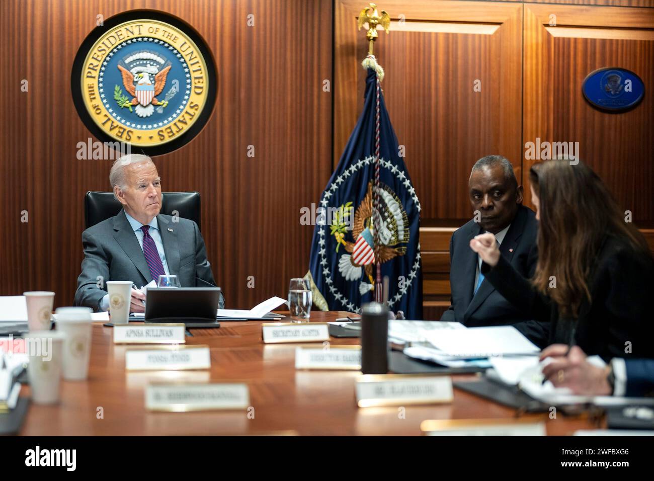 Washington, United States Of America. 29th Jan, 2024. Washington, United States of America. 29 January, 2024. U.S President Joe Biden, left, and Secretary of Defense Lloyd Austin, right, listen during the Presidential Daily Briefing, in the White House Situation Room of the White House, January 29, 2024 in Washington, DC This is the first appearance of Lloyd Austin since his recovery from surgery. Credit: Adam Schultz/White House Photo/Alamy Live News Stock Photo