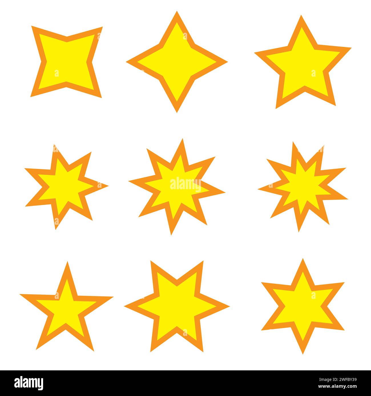 Stars in orange frames icon set. Quality design element. Abstract art collection. Vector illustration. Stock image. EPS 10. Stock Vector