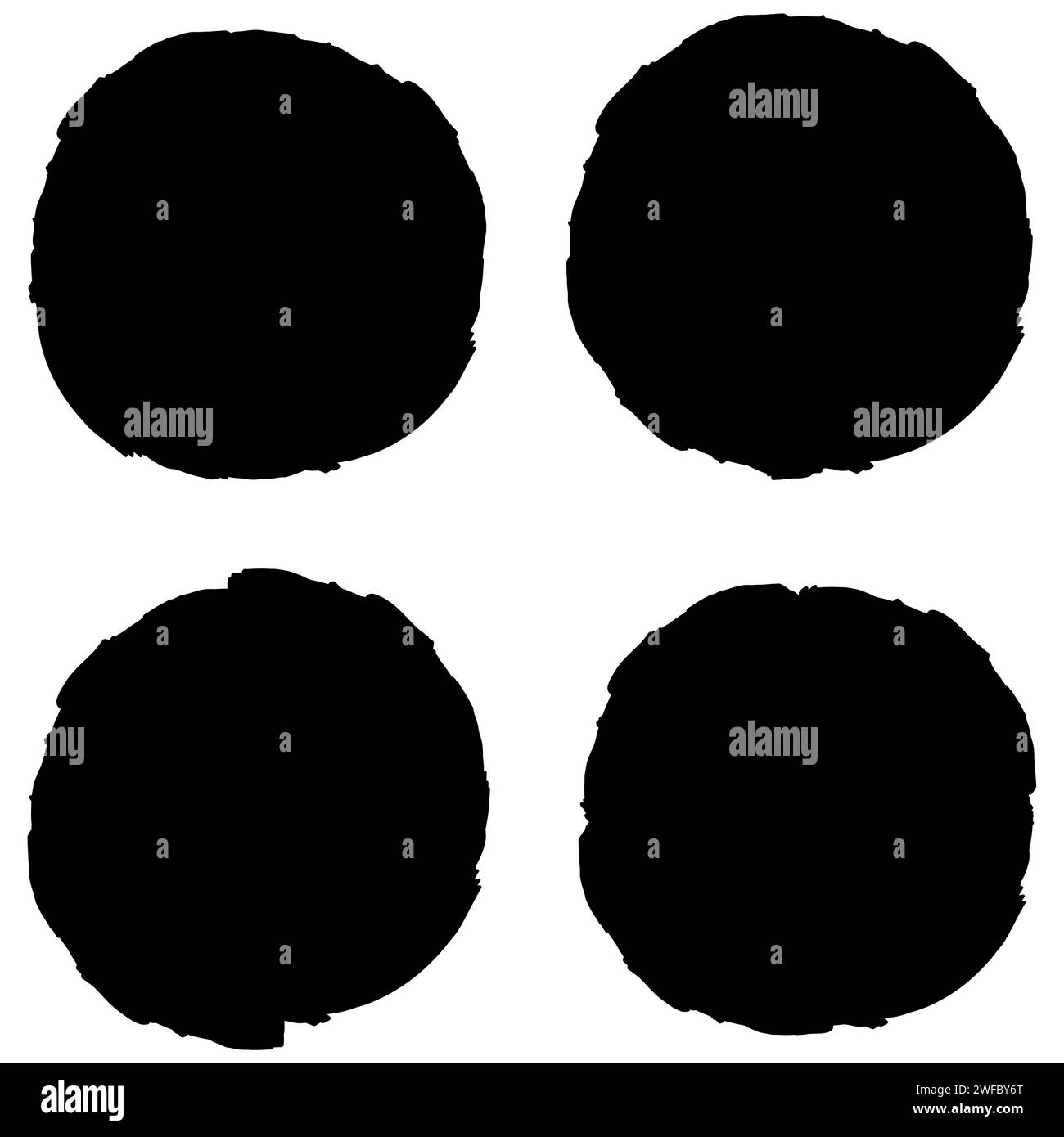 Set of filled black circle paint brush stroke. Hand drawn ink art