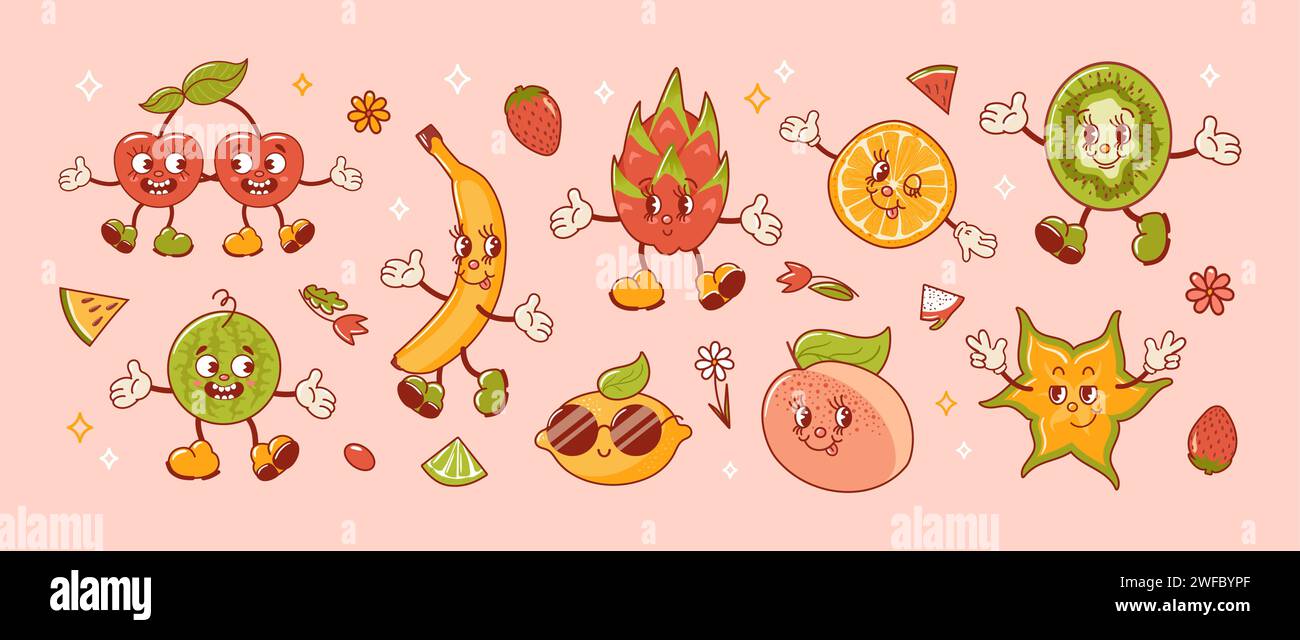 Tropical exotic fruits set. Old retro cartoon characters. Groovy vintage summer design elements. Cool lemons in sunglasses, Banana, watermelon, Cherry Stock Vector