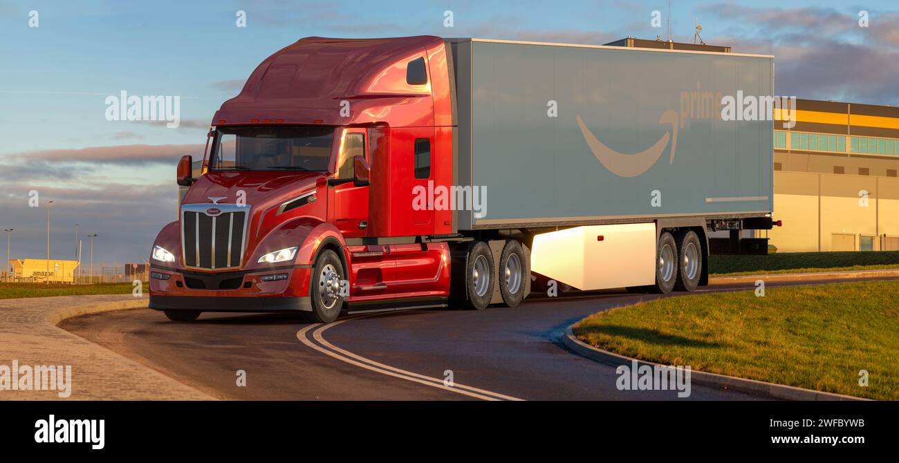 Peterbilt 579 sleeper cab tractor truck with trailer Amazon Stock Photo