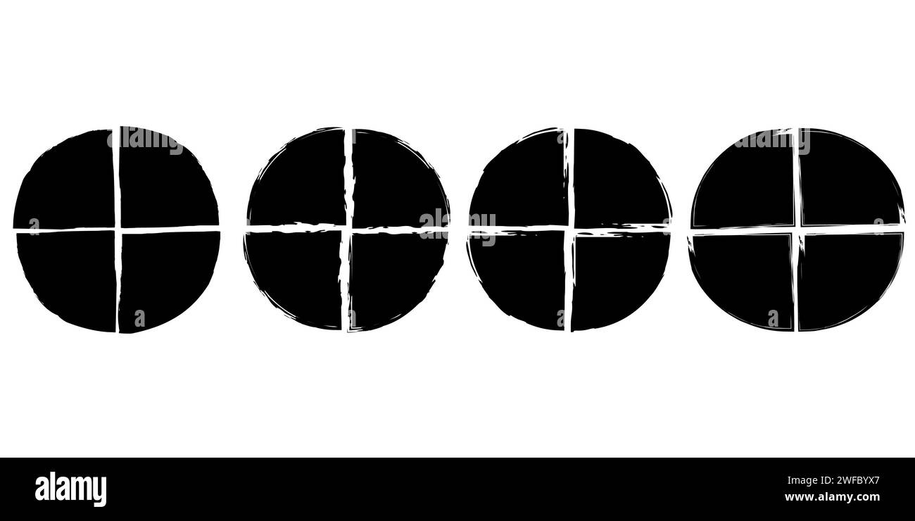 Black circle divided into 4 parts ink illustration. White backdrop ...