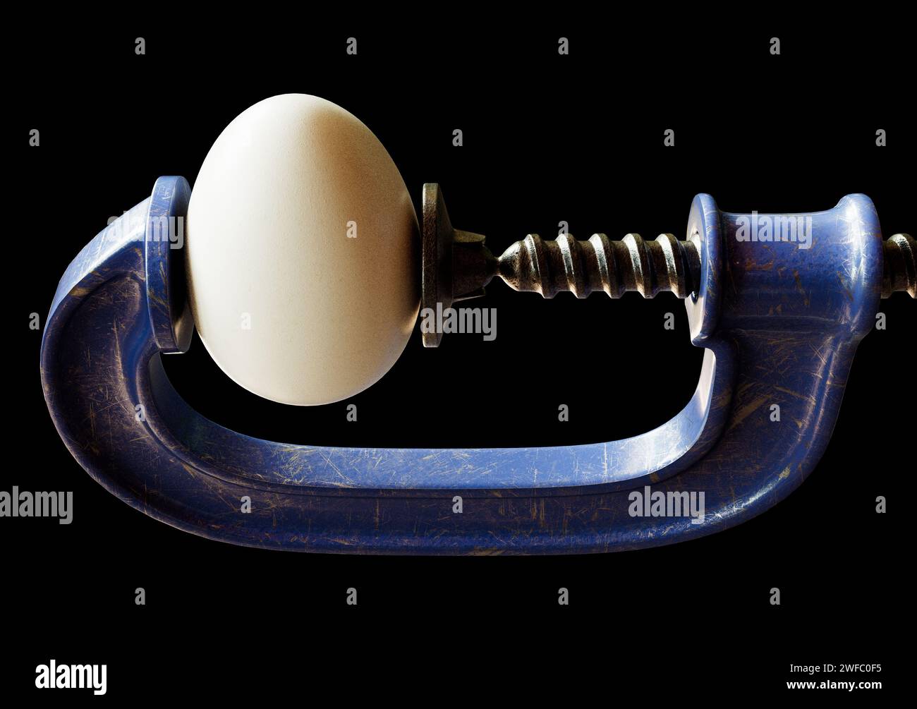 A concept image of a worn blue vintage-styled G-clamp holding a regular chicken egg on an isolated black studio background - 3D render Stock Photo