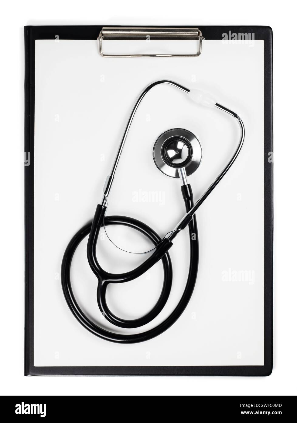 Blank medical clipboard with stethoscope on white background concept ...