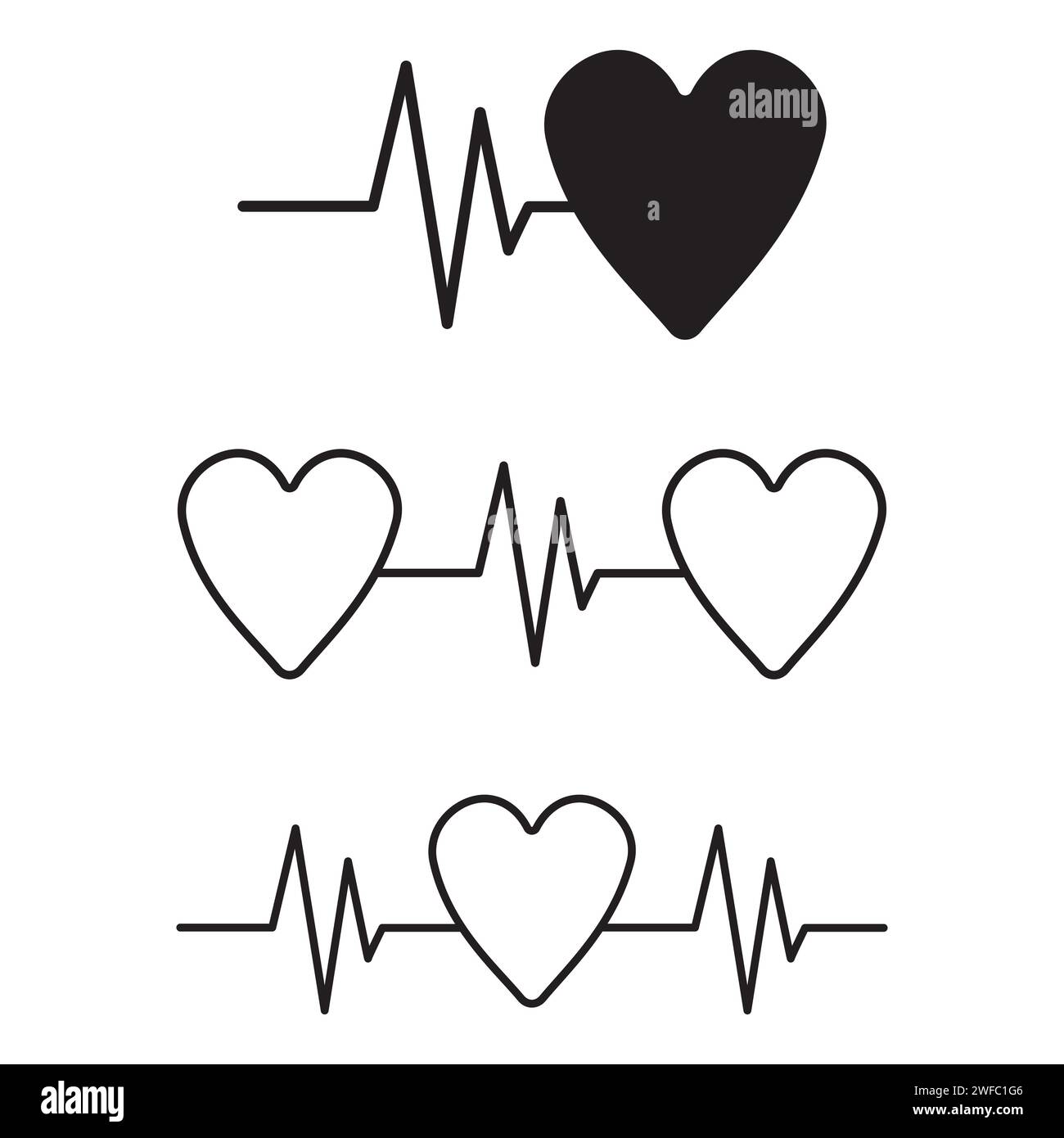 Cardiology emblem set. Black cardiogram on white backdrop. Heartbeat ...