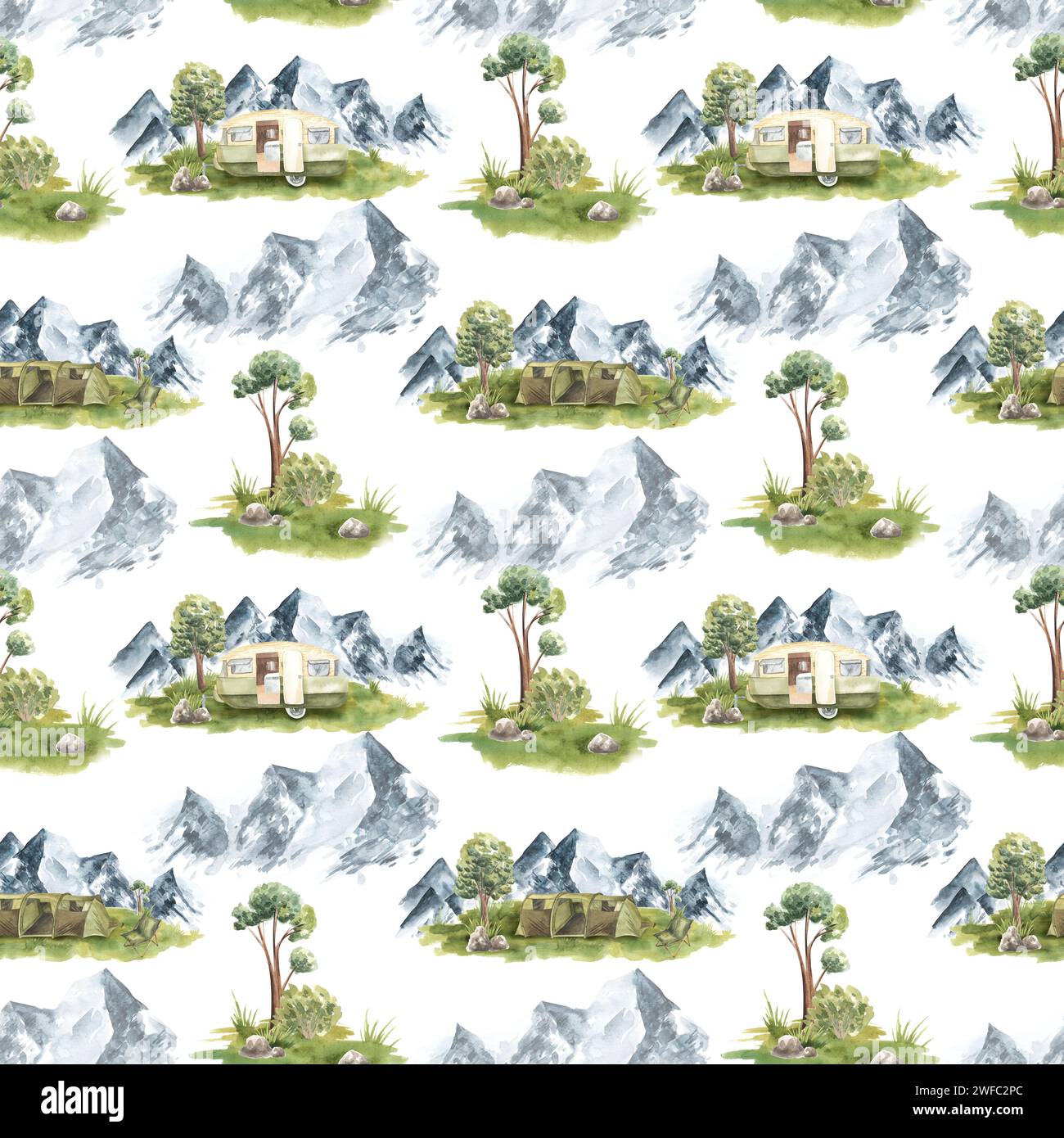 Seamless pattern of a camping in the woods .Tent,trailer, trees, plants ...