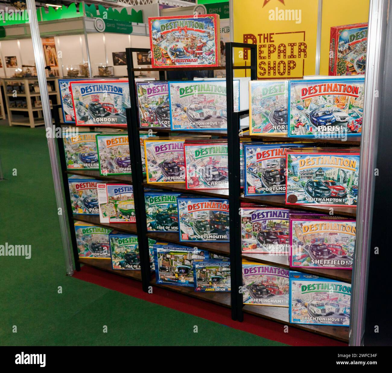 Destination, roll-and-move board games, Developed by Portsmouth-based entrepreneur Rachel Lowe, on display at the 2024 Toy Fair, Olympia Stock Photo