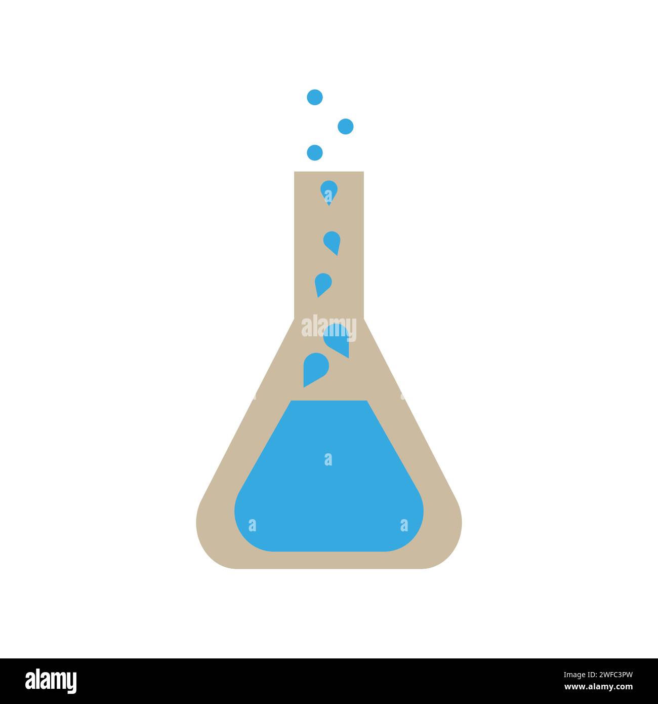 Cartoon test flask blue. Blue liquid drips into the flask. Vector illustration. Stock image. EPS 10. Stock Vector