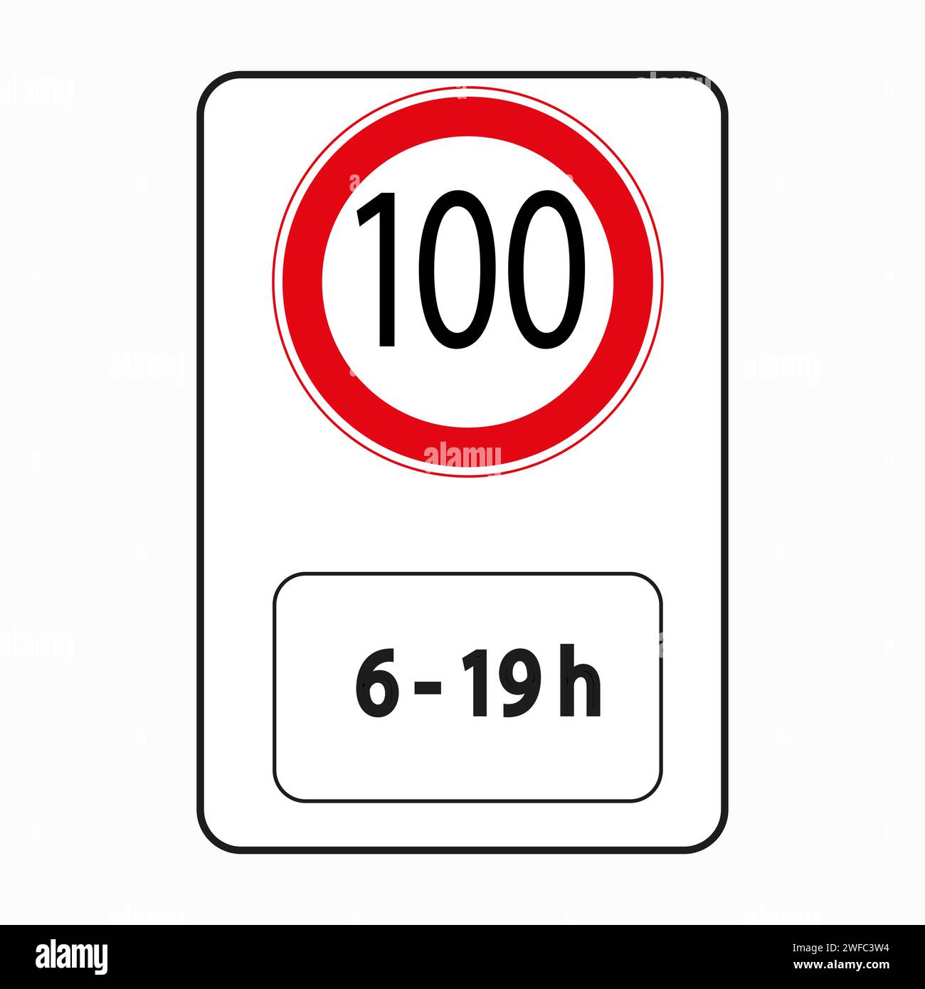 100 kmh speed limit sign. Limited time. Traffic laws. Regulation concept. Road post. Vector illustration. Stock image. EPS 10. Stock Vector