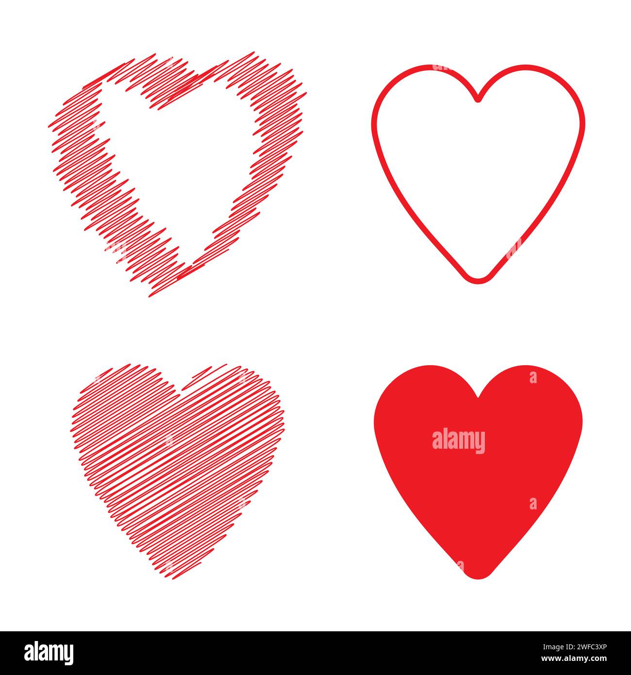 Red heart icon set. Drawing love symbol set. Celebration decor. Holiday ...