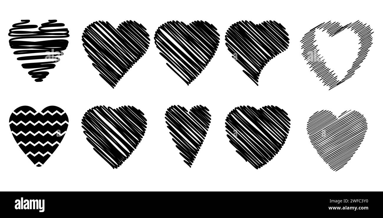 Doodle heart icon set. Black shape. Ink style. Love symbol. Cartoon art. Hand drawn. Vector illustration. Stock image. EPS 10. Stock Vector