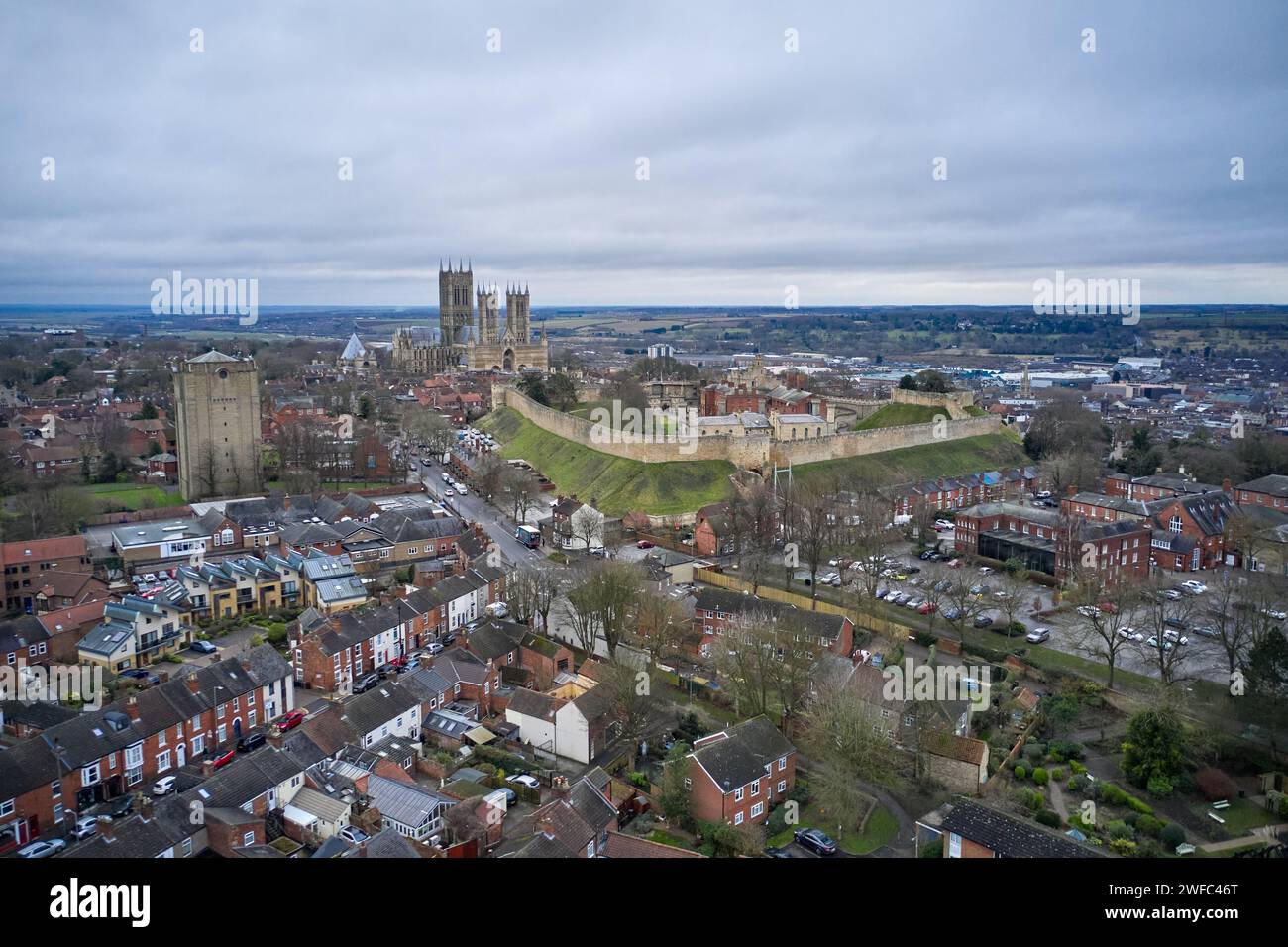 “Uphill” City of Lincoln showing Lincoln Cathedral, Lincoln Castle and the Watertower Stock Photo