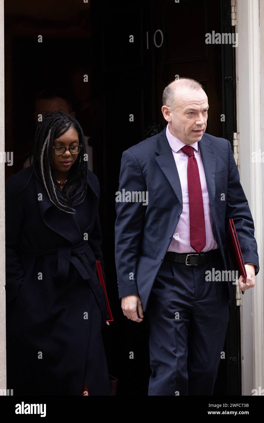 Downing Street, London, UK. 30th January 2024.  Kemi Badenoch MP, Secretary of State for Business and Trade and President of the Board of Trade and Minister for Women and Equalities, and Chris Heaton-Harris MP, Secretary of State for Northern Ireland, attend the weekly Cabinet Meeting at 10 Downing Street. Photo by Amanda Rose/Alamy Live News Stock Photo