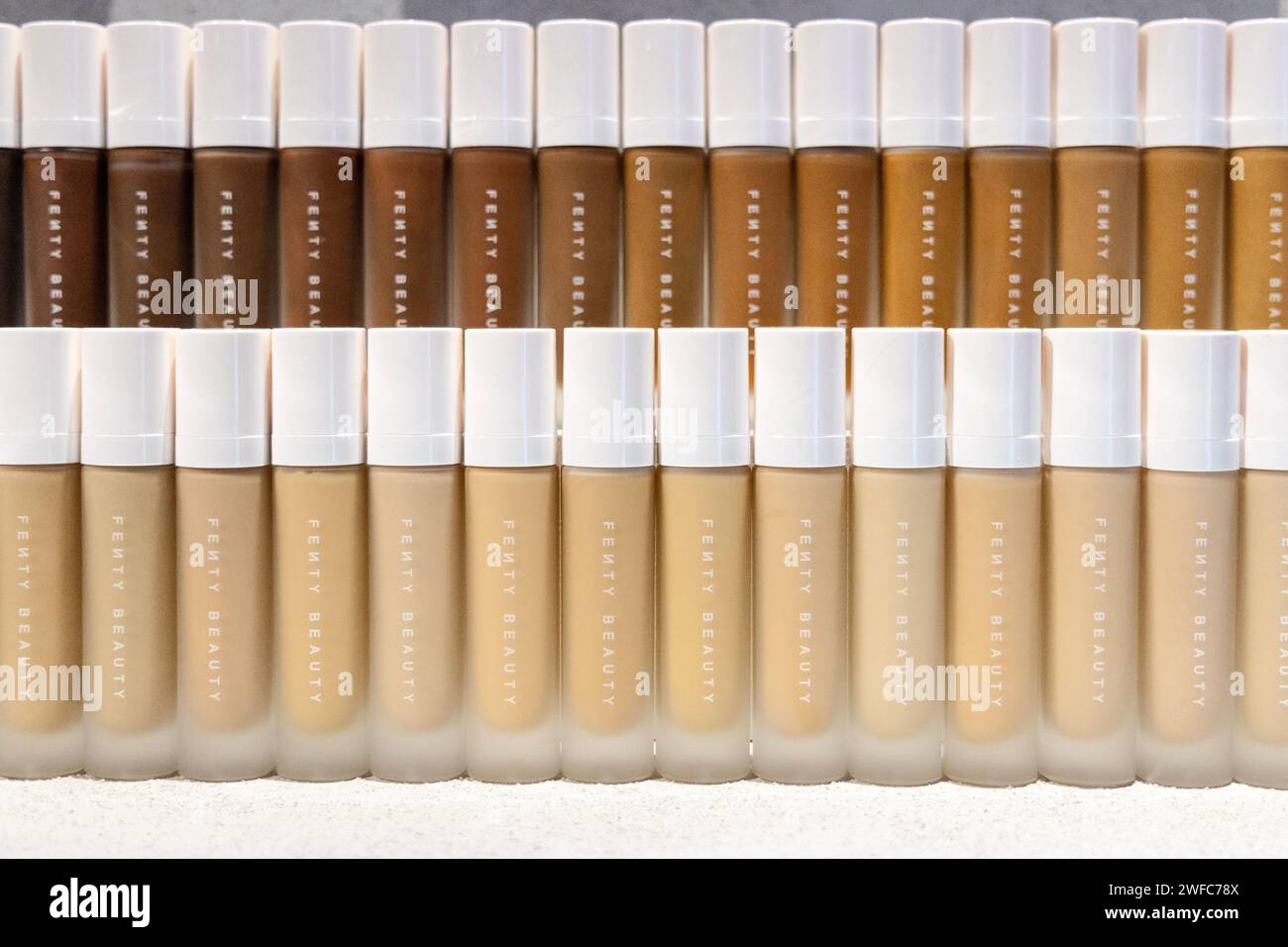 Wide range of shades of Rihanna's Fenty Beauty foundations to match a wide variety of skin tones, The Cult of Beauty exhibition, Wellcome Collection, Stock Photo
