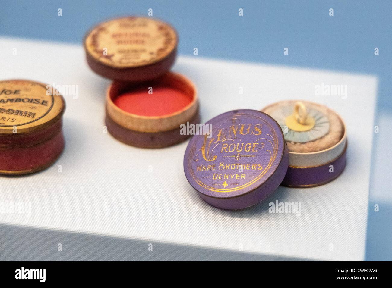 Selection of 1910s vintage rouge products, Venus Rouge by Ware Brothers, The Cult of Beauty exhibition, Wellcome Collection, London, England Stock Photo