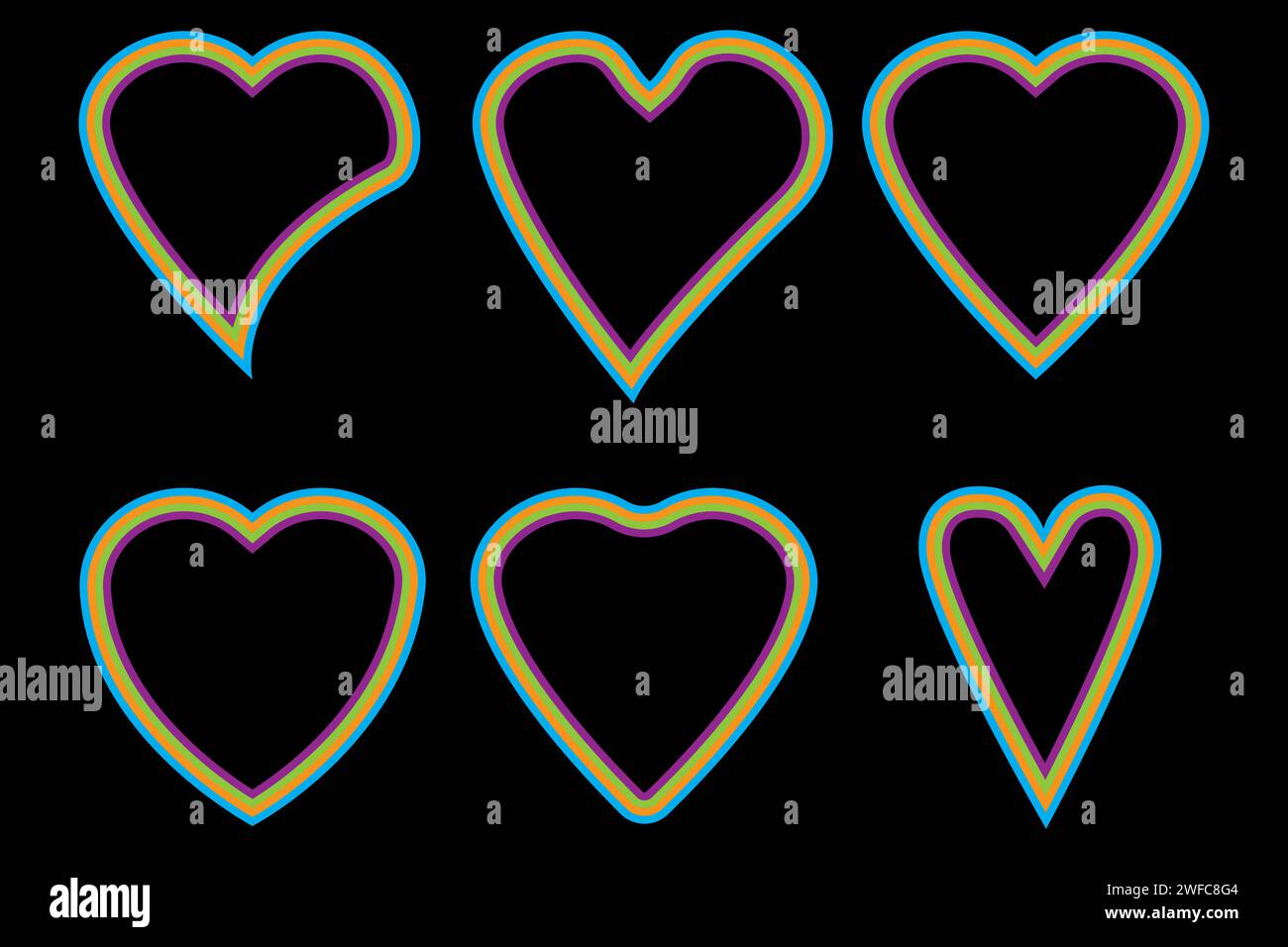 Different heart icons set. Colorful neon frame. Black background. Love