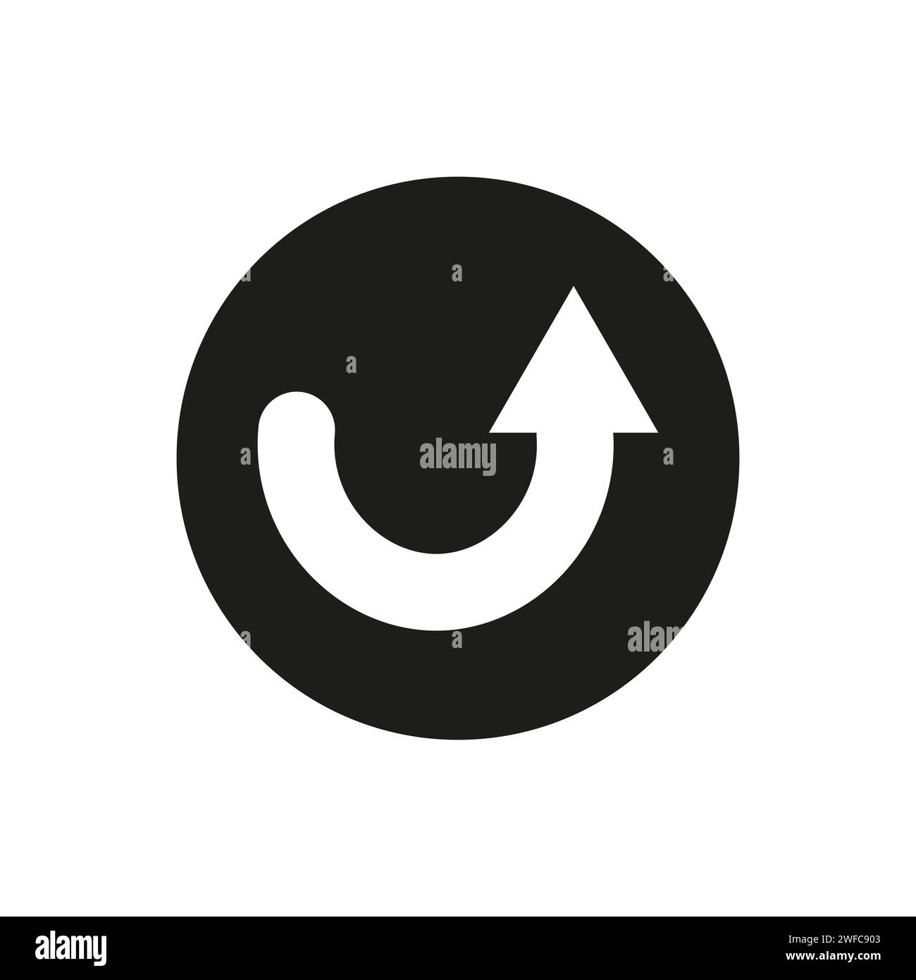Circular right and down arrow. Semicircular figure. Black circle. Direction signpost. Vector illustration. Stock image. EPS 10. Stock Vector