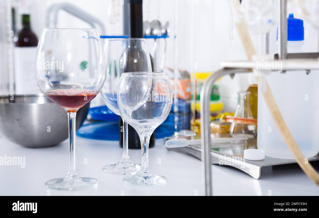 Modern laboratory of winery. Checking acidity of wine and organoleptic ...