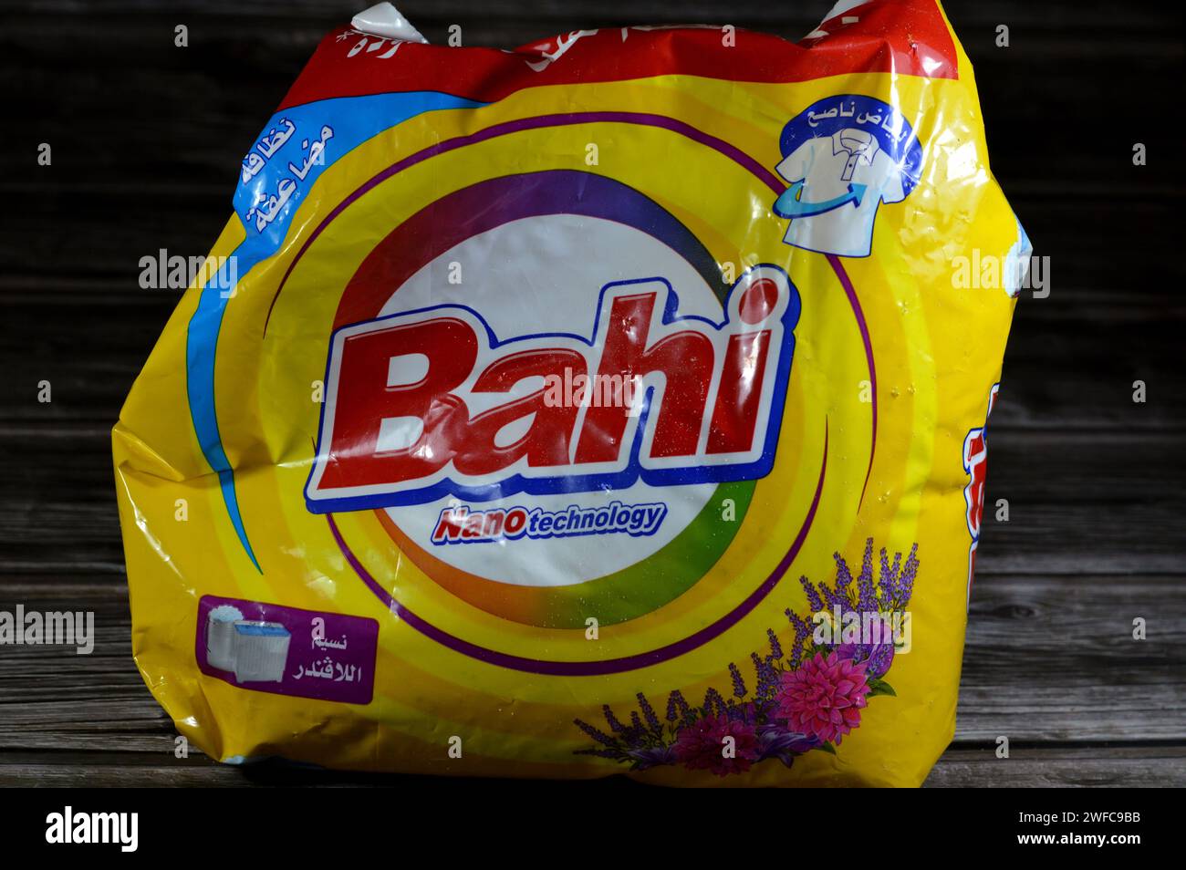 Cairo, Egypt, January 23 2024: Bahi lavender fragrance detergent powder for clothes with Nano technology, Petrochemical Free, clear ingredient, for ma Stock Photo