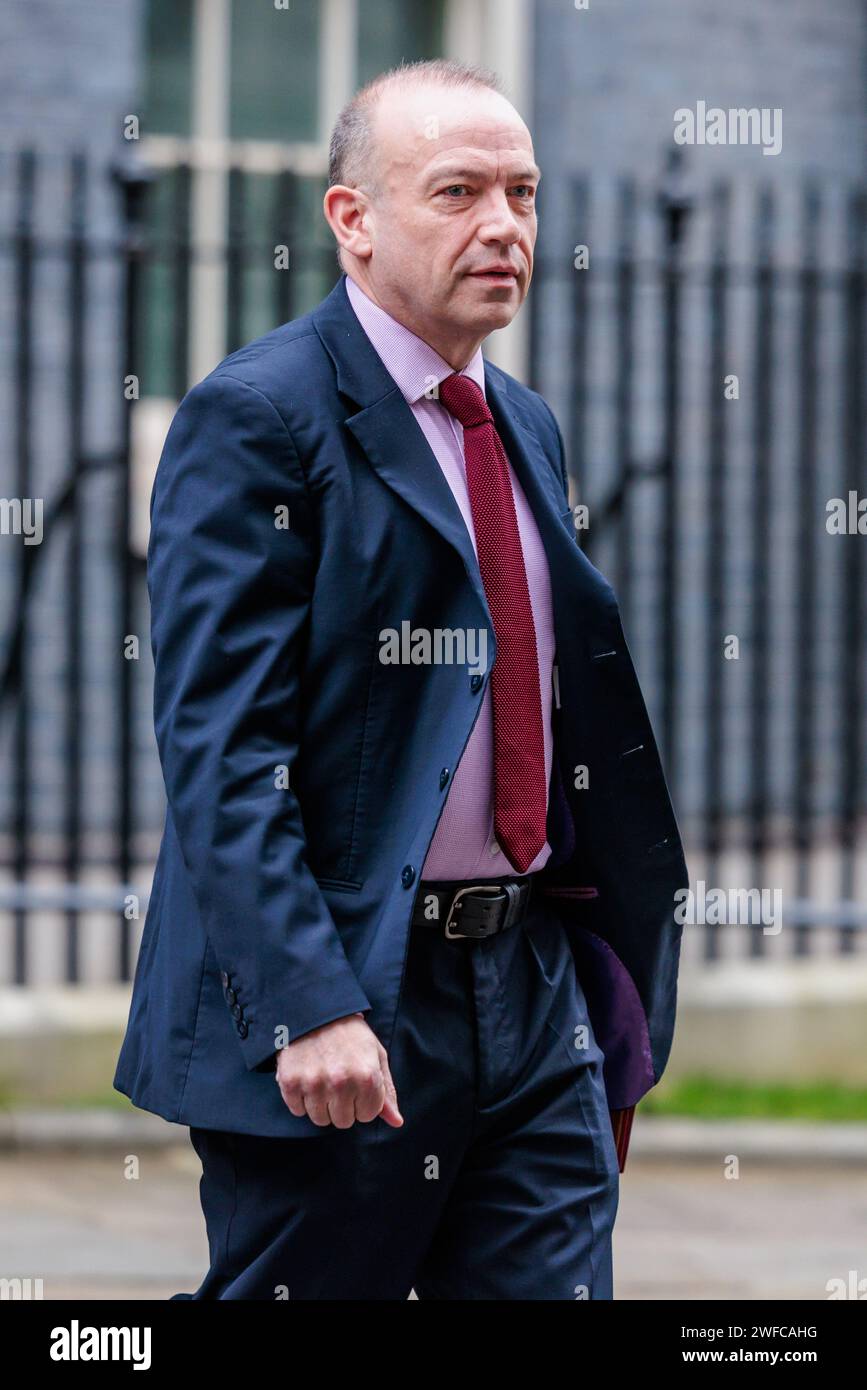 Downing Street, London, UK. 30th January 2024.  Kemi Badenoch MP, Secretary of State for Business and Trade Chris Heaton-Harris MP, Secretary of State for Northern Ireland, attend the weekly Cabinet Meeting at 10 Downing Street. Photo by Amanda Rose/Alamy Live News Stock Photo