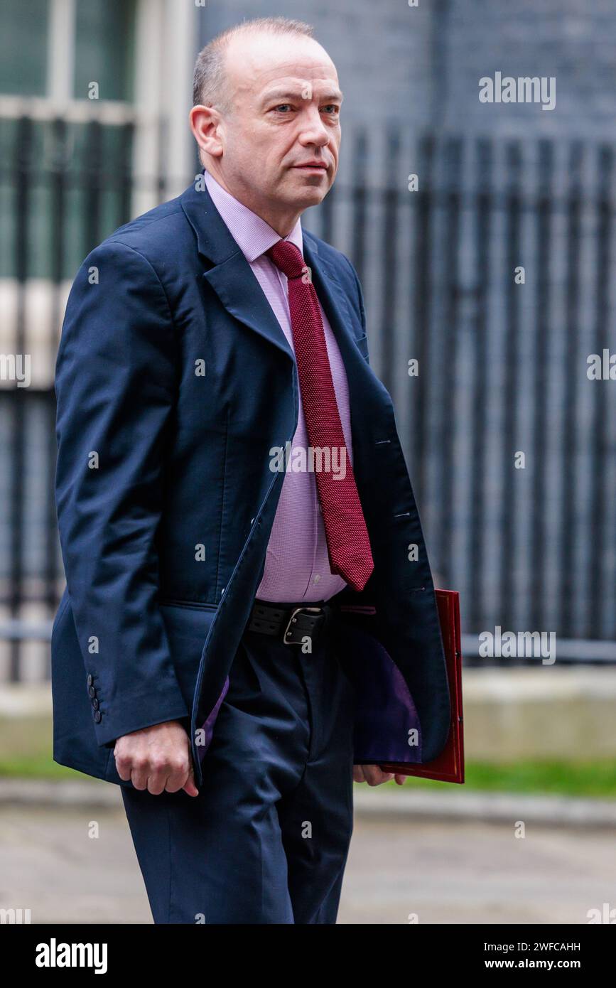 Downing Street, London, UK. 30th January 2024.  Kemi Badenoch MP, Secretary of State for Business and Trade Chris Heaton-Harris MP, Secretary of State for Northern Ireland, attend the weekly Cabinet Meeting at 10 Downing Street. Photo by Amanda Rose/Alamy Live News Stock Photo