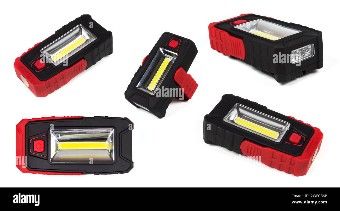A set of several pocket portable flashlights from different angles view from the left, right, front, back, side without shadow close-up isolated on a Stock Photo