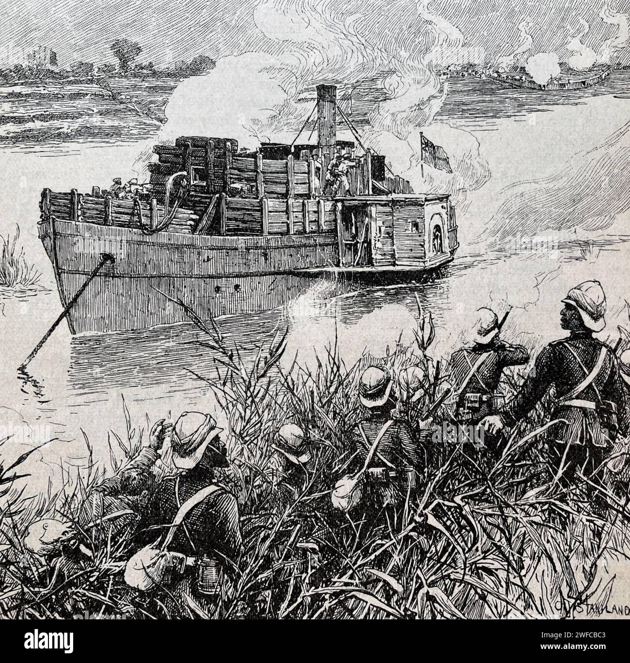 BATTLE OF KHARTOUM  1884/1885  British soldiers watch as a river boat fires on the Mahdi  forces across the river Stock Photo