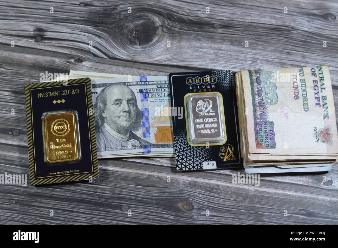 Cairo, Egypt, January 25 2024: American dollars, Egyptian pounds and ...