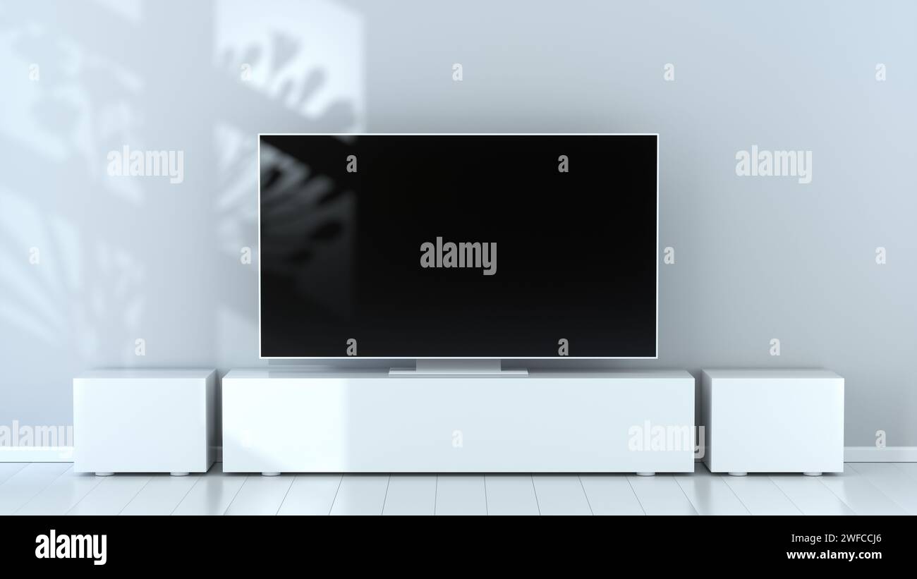 Light Living Room With TV on the Bedside Table and Soft Gray Wall Behind. Gaming or Broadcast Channel Concept. 3D Render Illustration. Stock Photo